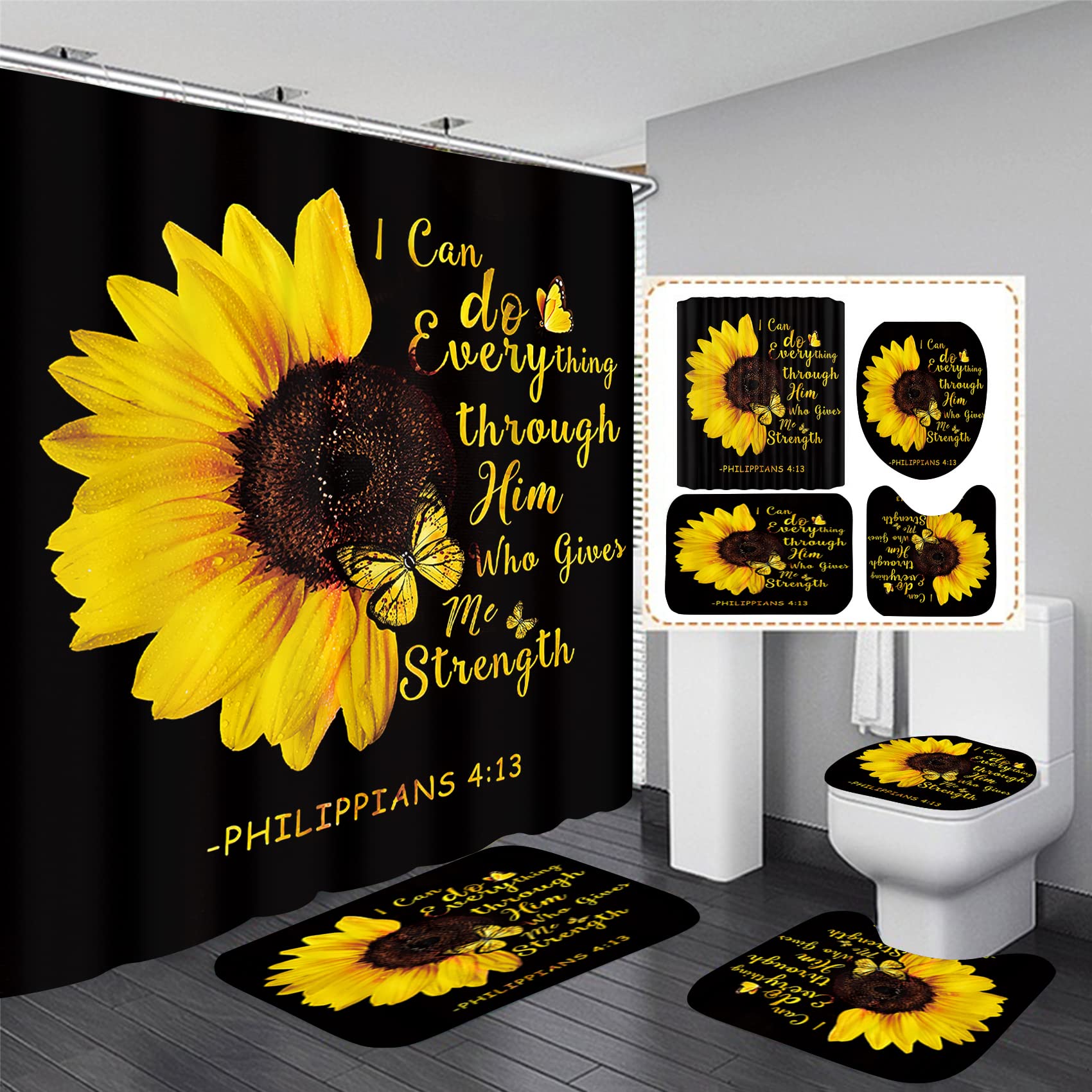 Azhm 4Pcs Sunflower Shower Curtain Set Quotes Flower Bathroom Decor Sets With Rugs Bathroom Accessories Set Bathroom Curtain Sho