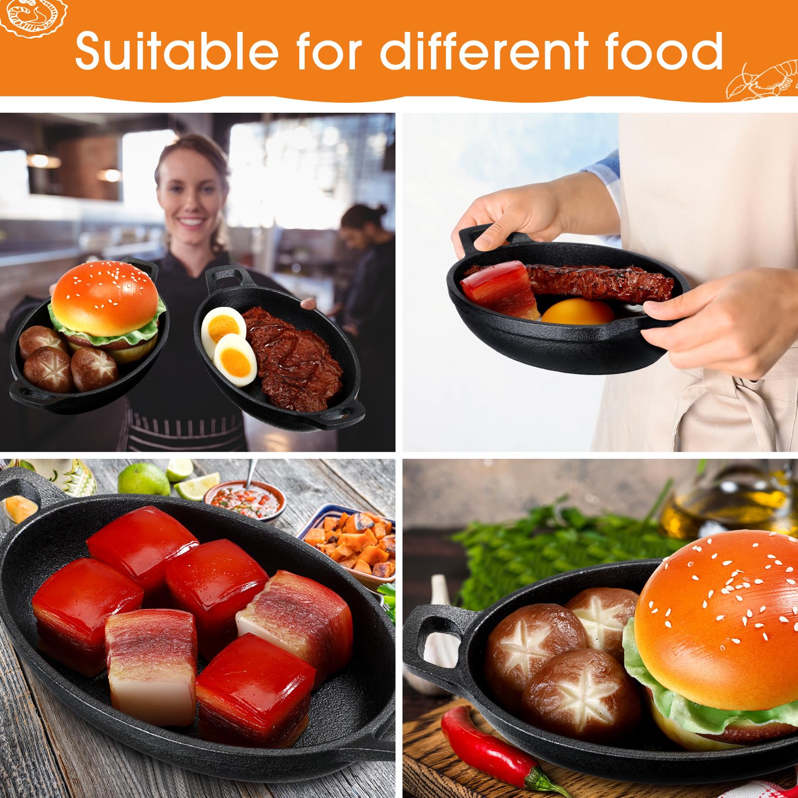 Mifoci 4 Pcs 16 Oz 8.7'' X 4.7'' Oval Serving Dish Mini Cast Iron Skillet Cast Iron Baking Pan Sizzling Plate Matte Black Gratin