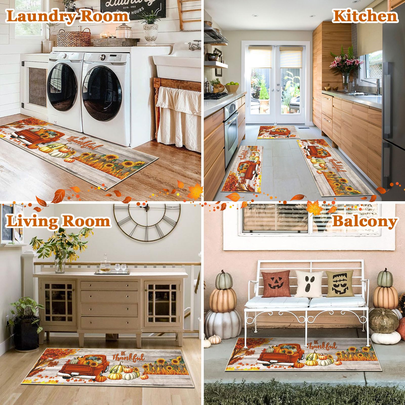 U Artlines Fall Kitchen Rugs with Runner Sets 3 Piece Vintage Truck Seasonal Harvest Holiday Party Rugs and Mats Non Skid Washa