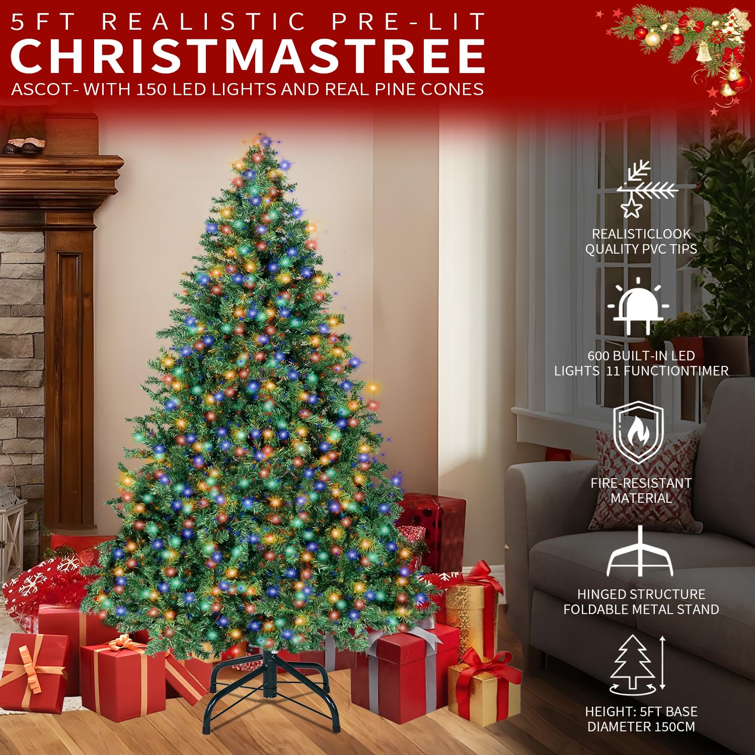 5FT Christmas Tree with Lights,Artificial Christmas Tree with 150 LED Lights and 600 Branch Tips,Xmas Tree with Foldable Stand P