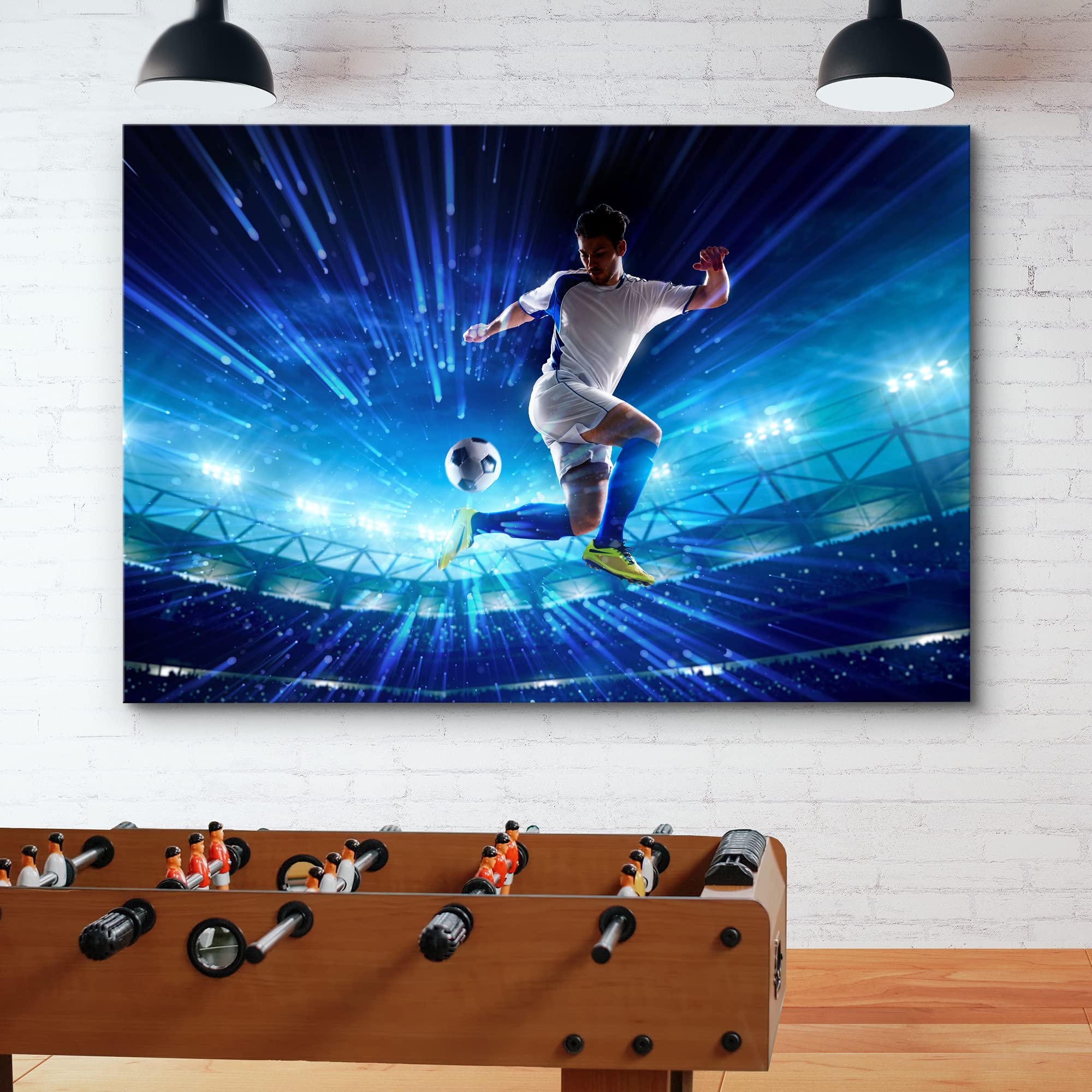 Wall26 Canvas Print Wall Art Neon Light Soccer Ball Player Kicking Ball Athletes Sports & Fitness Photography Realism Decorative