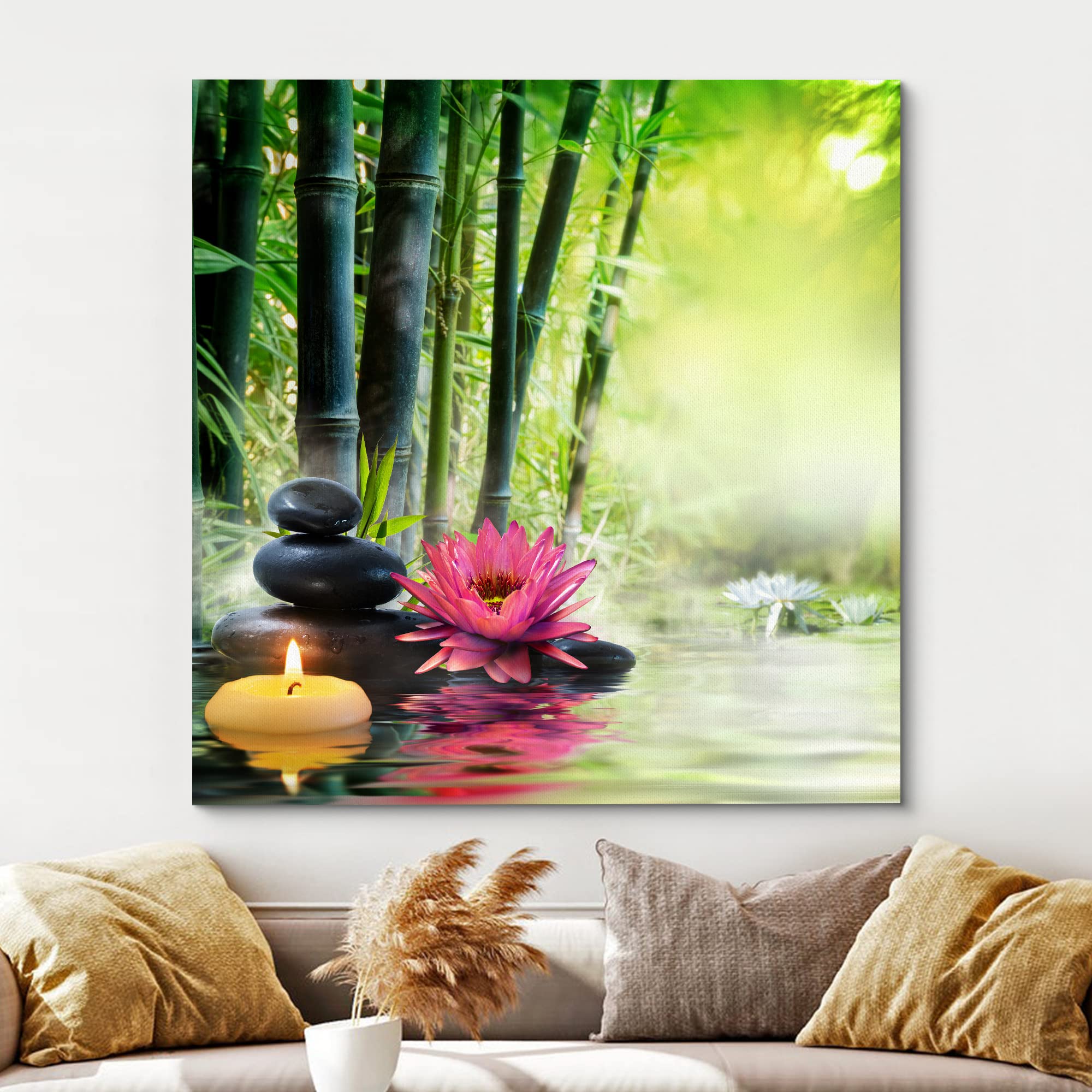 Wall26 Canvas Print Wall Art Water Lily, Zen Stones, Candle & Bamboo Forest Floral Nature Digital Art Modern Art Rustic Scenic R