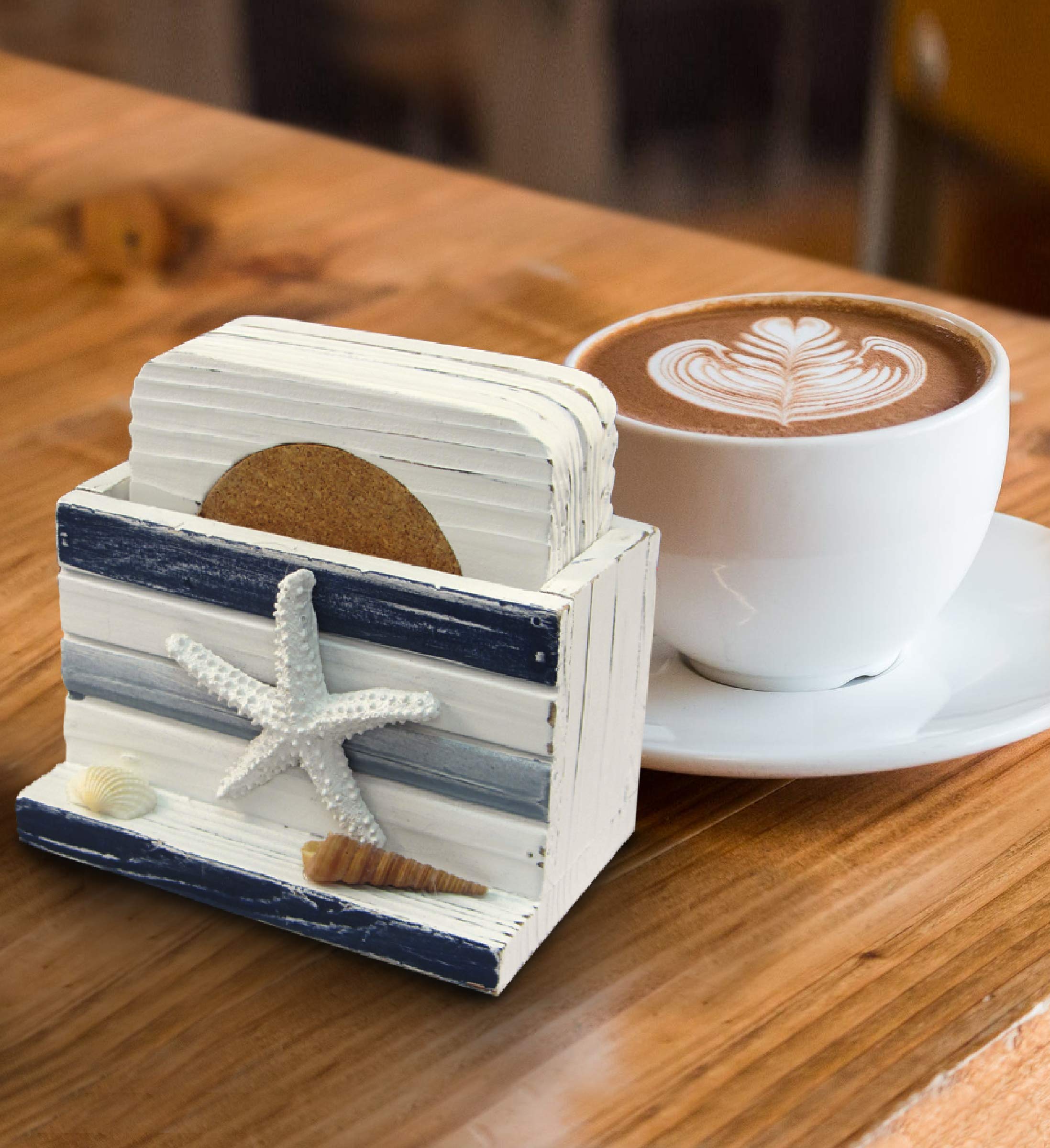 Puzzled White And Blue Stripes Wooden Nautical Coasters - Tabletop Wooden Coastal Decor For Home, Kitchen, Bar, Beach Themed Gif