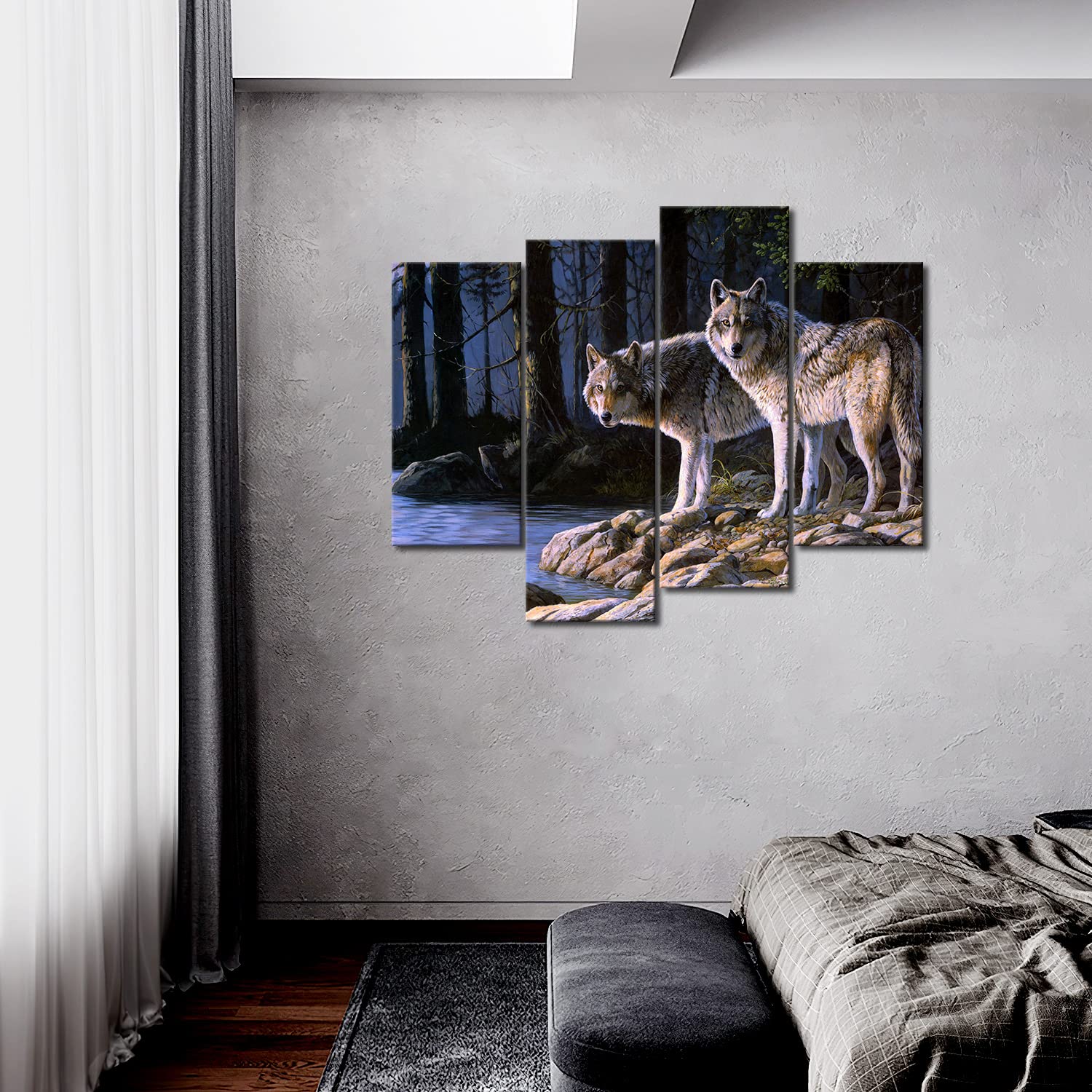 Two Wolf Stand On River Bank Forest Wall Art Painting Wolves Pictures Print On Canvas Animal The Picture for Home Modern Decoration