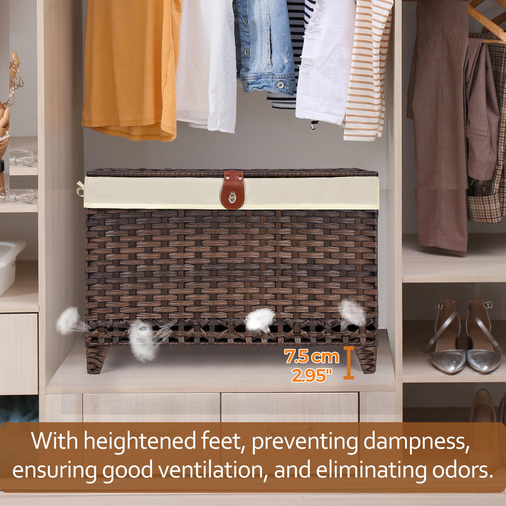 Honjourai Wicker Storage Basket With Lid,Rattan Shelf Basket With Removable Liner Bag,105L Storage Bin,Storage Trunk With Height