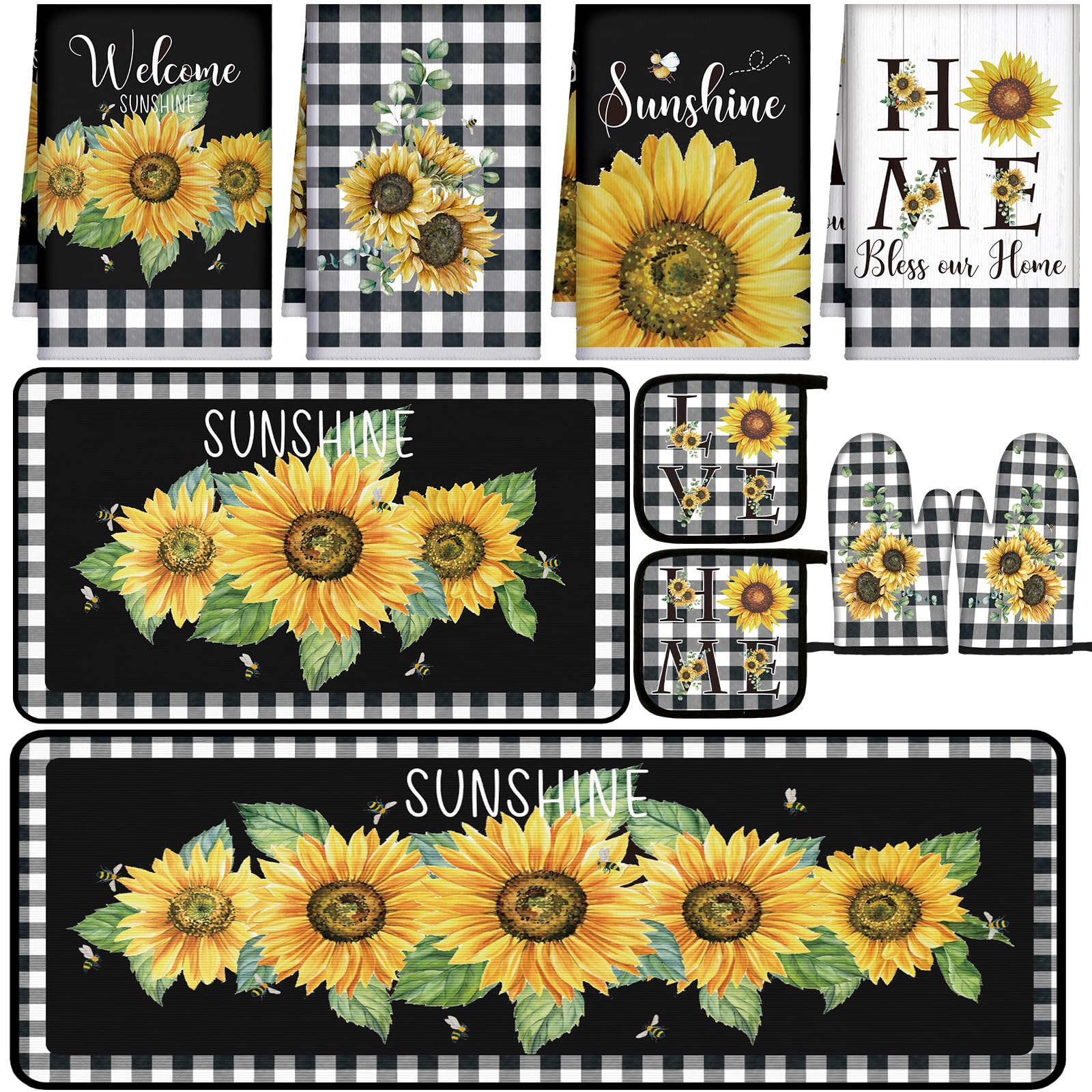 Fourluoo 10 Pcs Sunflower Kitchen Decor 4 White and Black Buffalo Plaid Kitchen Towels 2 Buffalo Check Pot Holders 2 Rustic Sunf