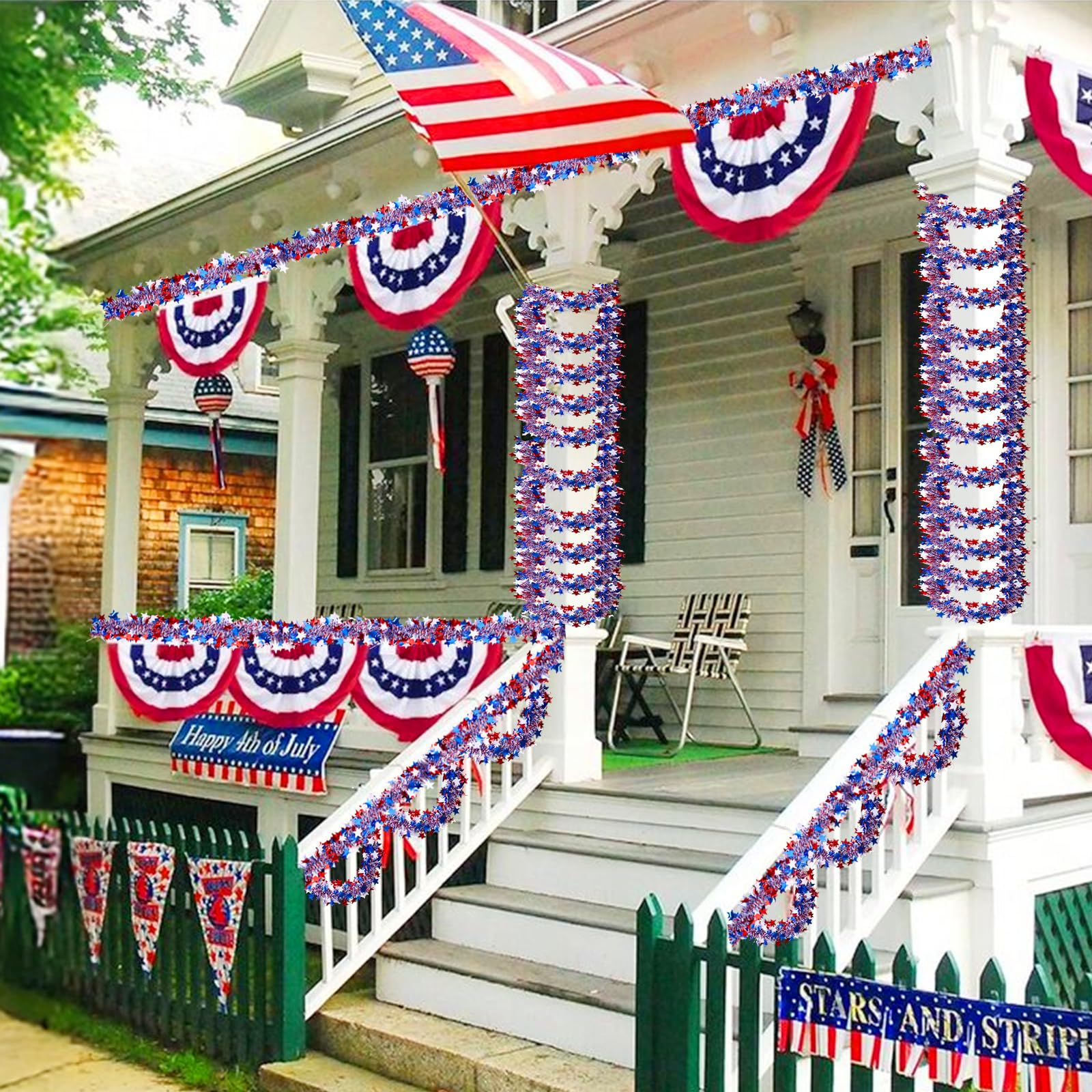 4th of July Garland Decorations,50Ft Glitter Tinsel Patriotic Decor for Tree Car Golf Cart Parade Float Bike Party Table Yard Do