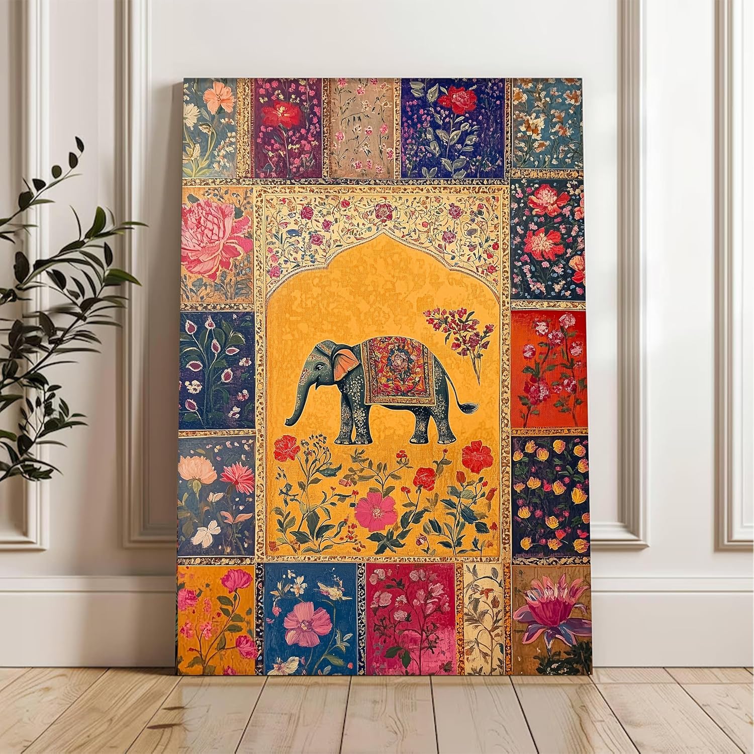 Paintingmantra Elephant Vastu Madhubani Canvas Wall Painting For Living Room | Ethnic Indian Elephant Wall Art For Home Decor | 