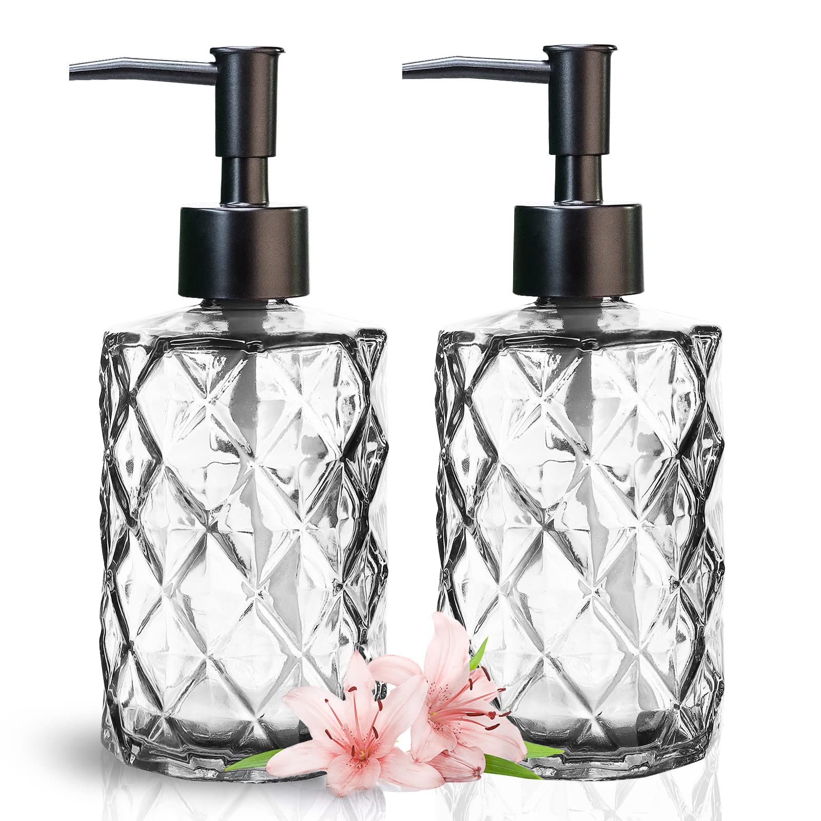 Glass Soap Dispenser With Black Pump, Bathroom Soap Dispenser Set(2 Pack, 11Oz.) Premium Thick Soap Pump Bottles, Refillable Kit