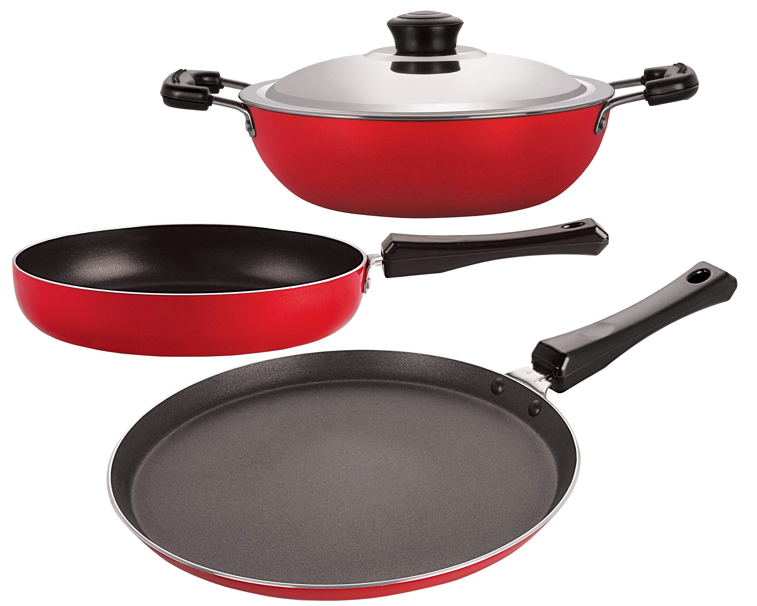 Nirlon Nonstick Aluminium Rust Free 3 Piece NonInduction Kitchen Cooking Essential Gift Item Set With Bakelite Handle