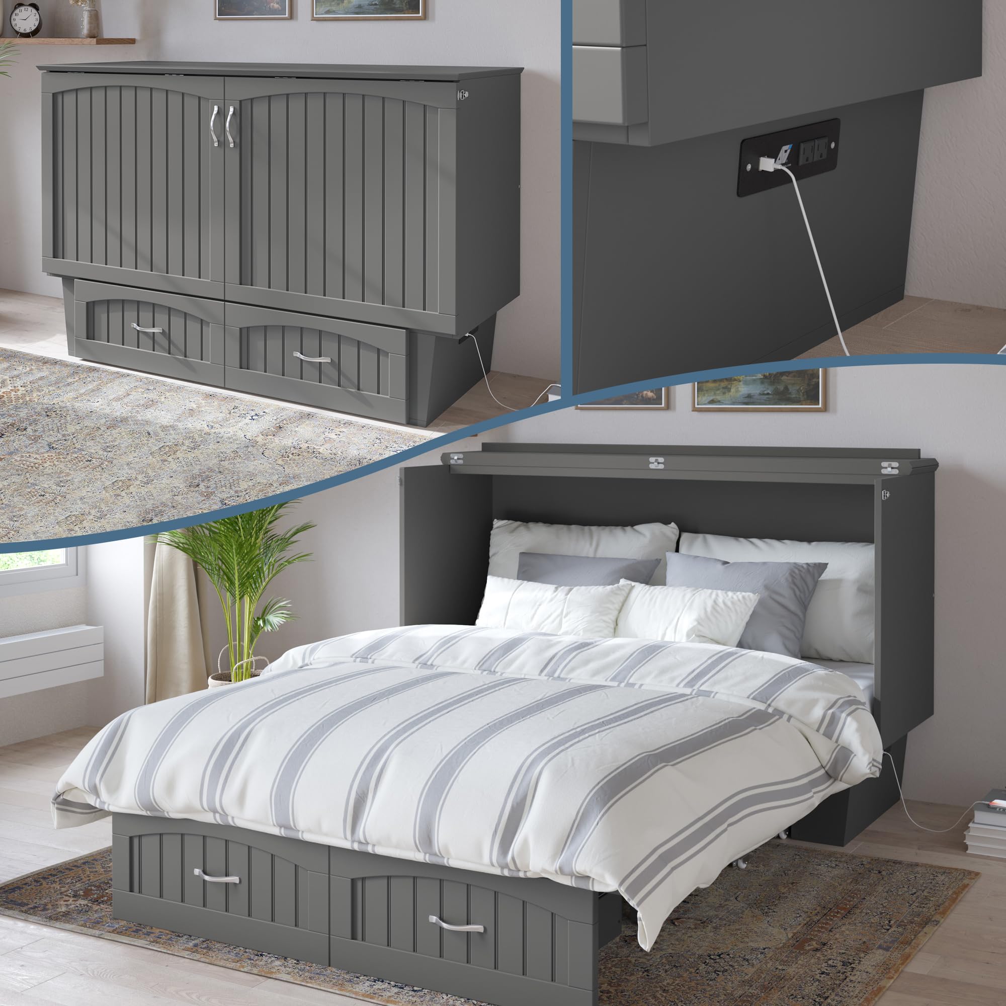 Afi, Nantucket Queen Murphy Bed Chest With Mattress, Storage Drawer And Built-In Usb Charger, Grey