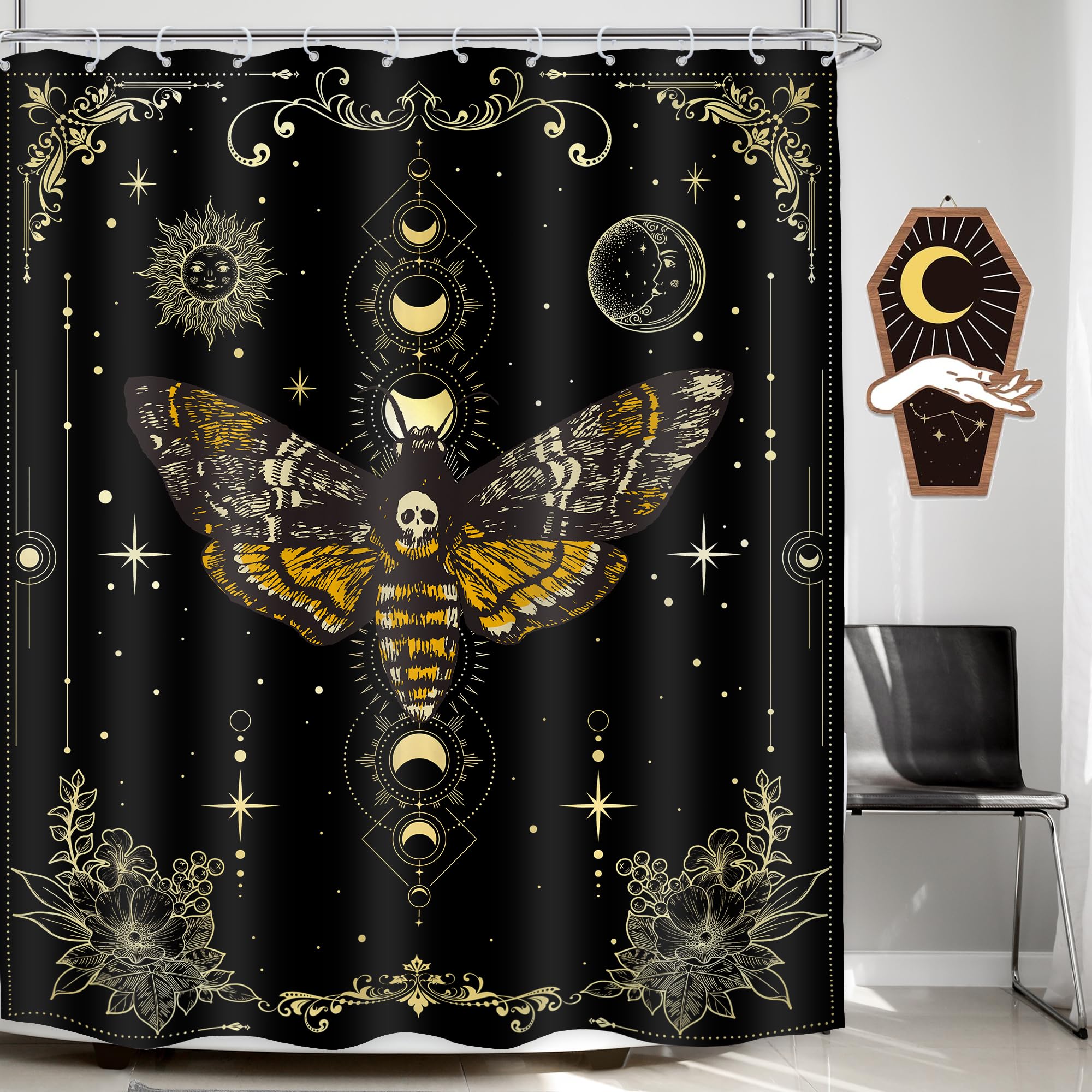 Lghtyro Skull Moth Gothic Shower Curtain Bathroom Set 60Wx71H Inches Witchy Moon Phase Black Gold Death Head Fairy Spooky Celest