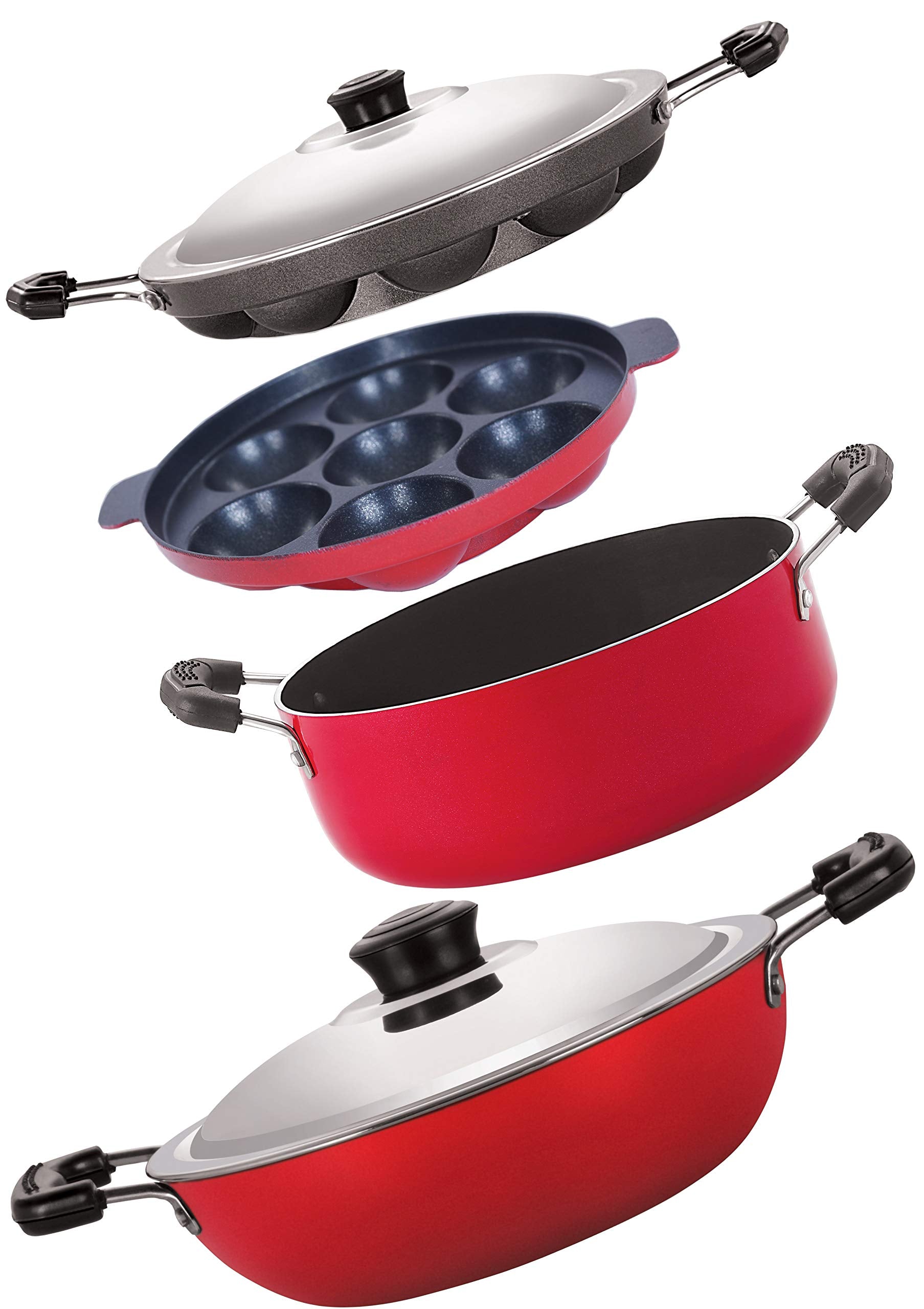 Nirlon NonStick Aluminum Cookware Set, 4Piece, Red And Black (2.6Mm_Dkd(B)_Ap(7)_Ap(12)_Cass22)