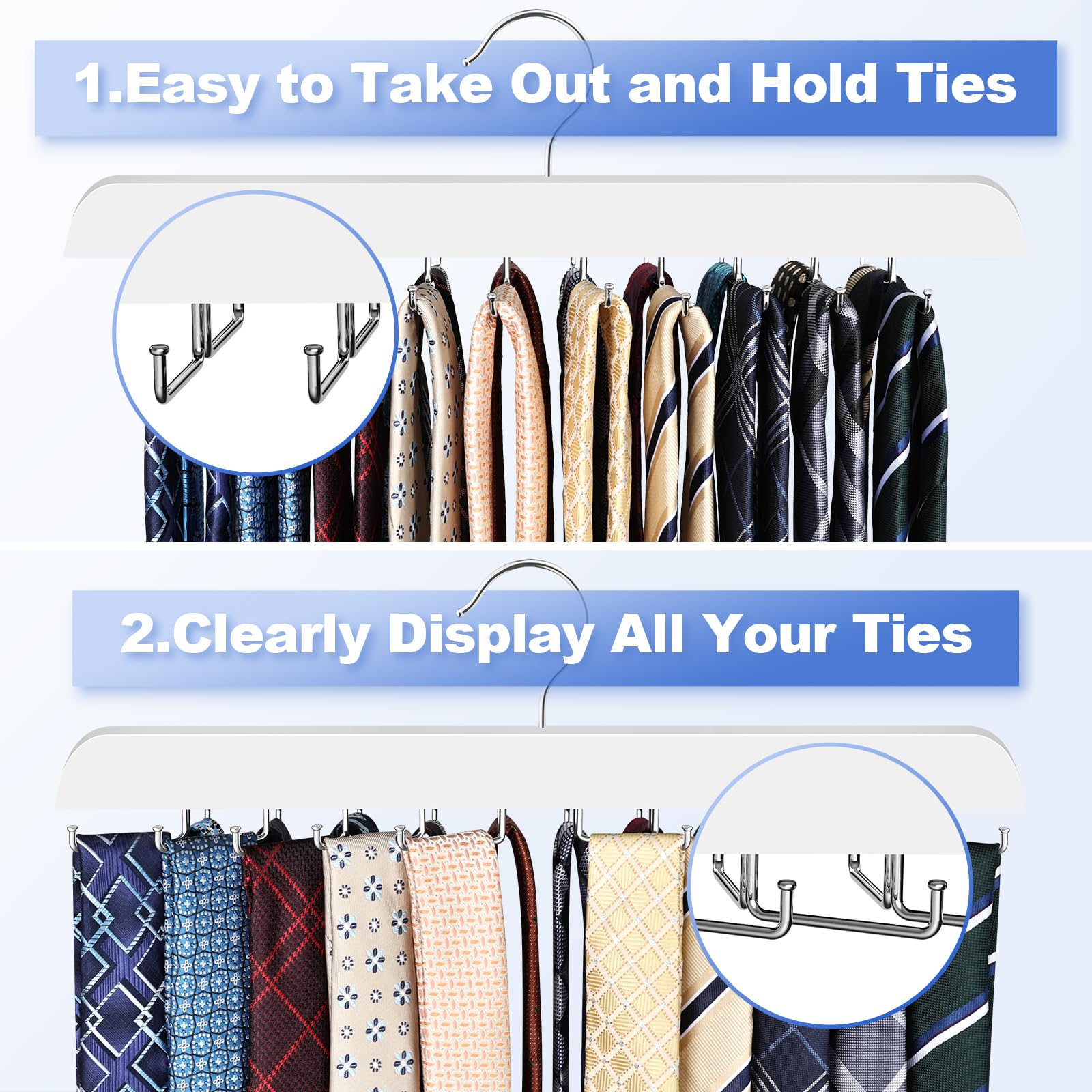 Resovo Upgraded Tie Rack Hanger With 20 Foldable Metal Hooks, Space Saving Necktie Organizer For Men - Large Capacity Tie And Be