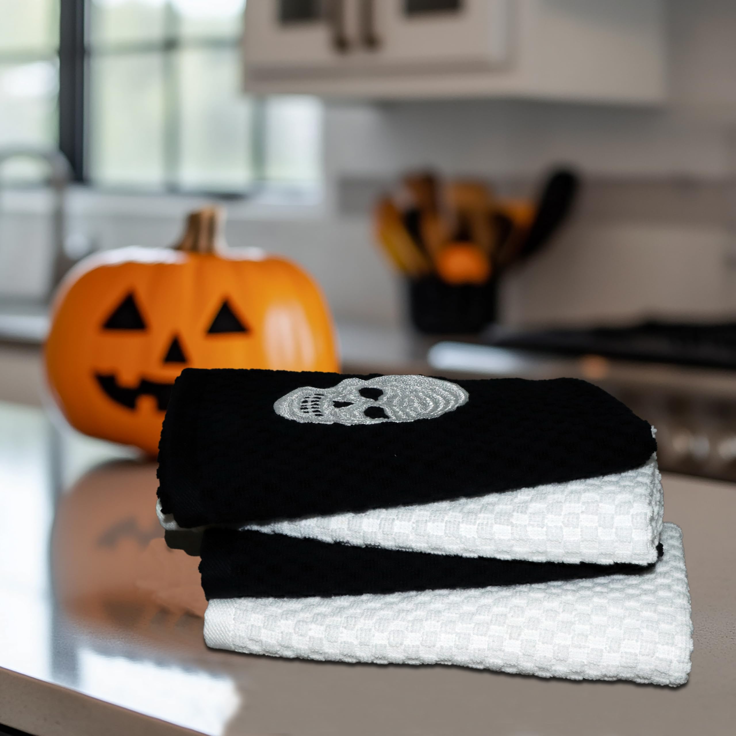 COTTON CRAFT Halloween Kitchen Towels - 4 Pack Spooky Skull Web Bats Jack OLantern Embroidered Terry Towel - 100% Cotton Waffle