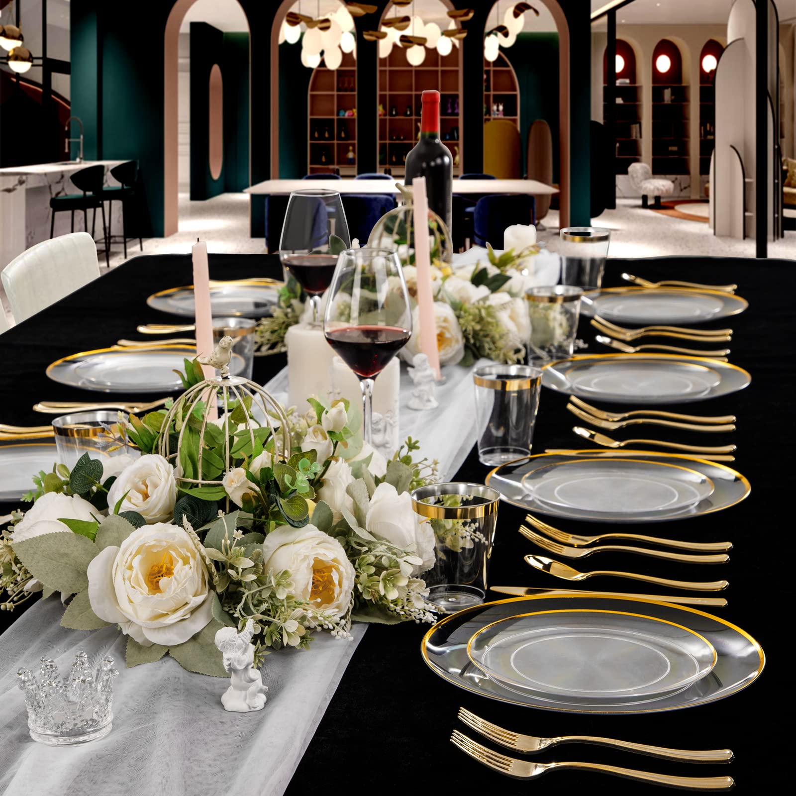 LIYH 60pcs Clear Plastic Plates and Gold Trim Disposable Plastic Plates Heavty Duty Includes:30 Dinner Plates 10.25'' and 30 Dessert Plates 7.5'' Clear and Gold Plastic Plates Plastic Holiday Plates
