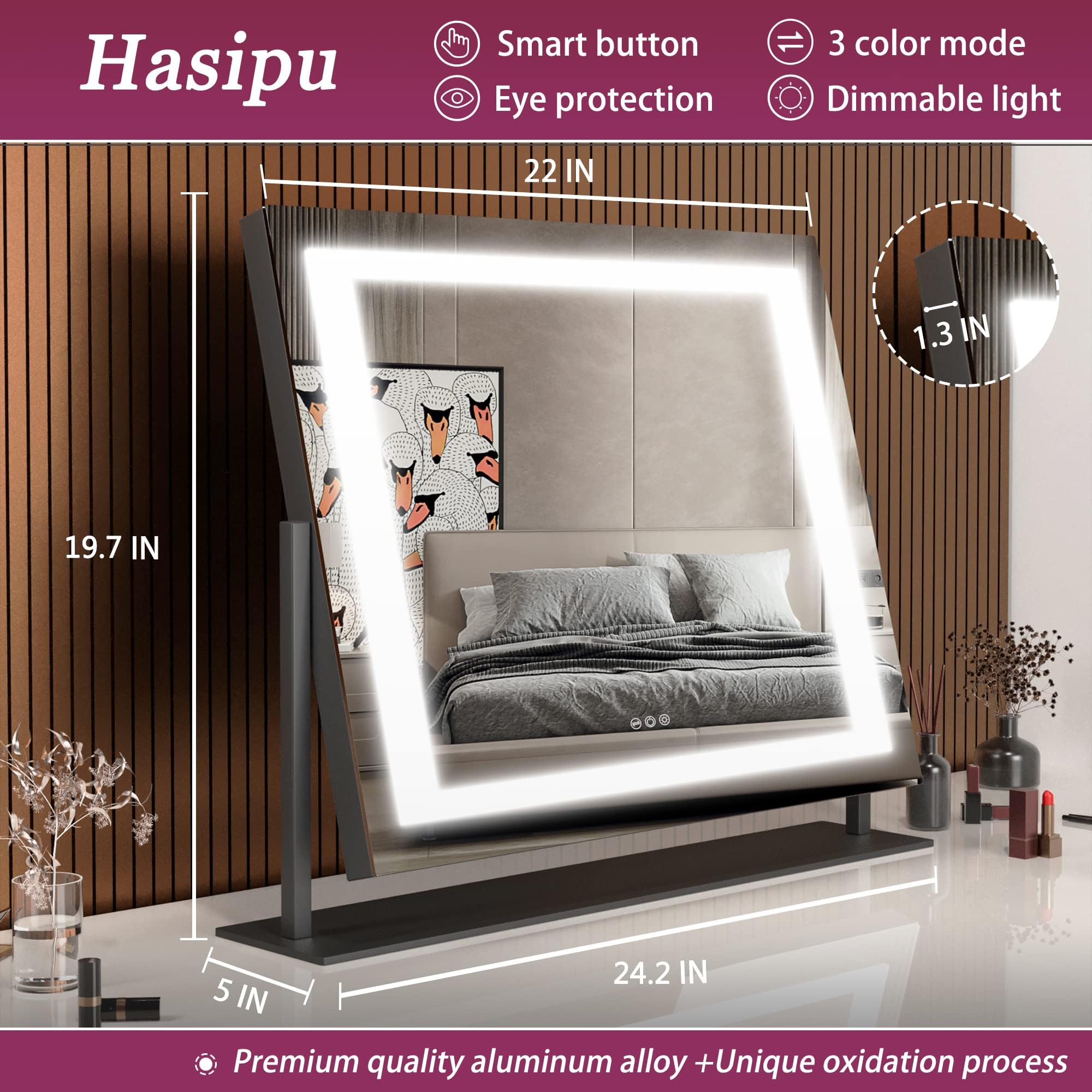 Hasipu Vanity Mirror With Lights, 24.2 '' X 19.7 '' Led Makeup Mirror, Light Up Mirror With 10X Magnification And Usb, Phone Hol