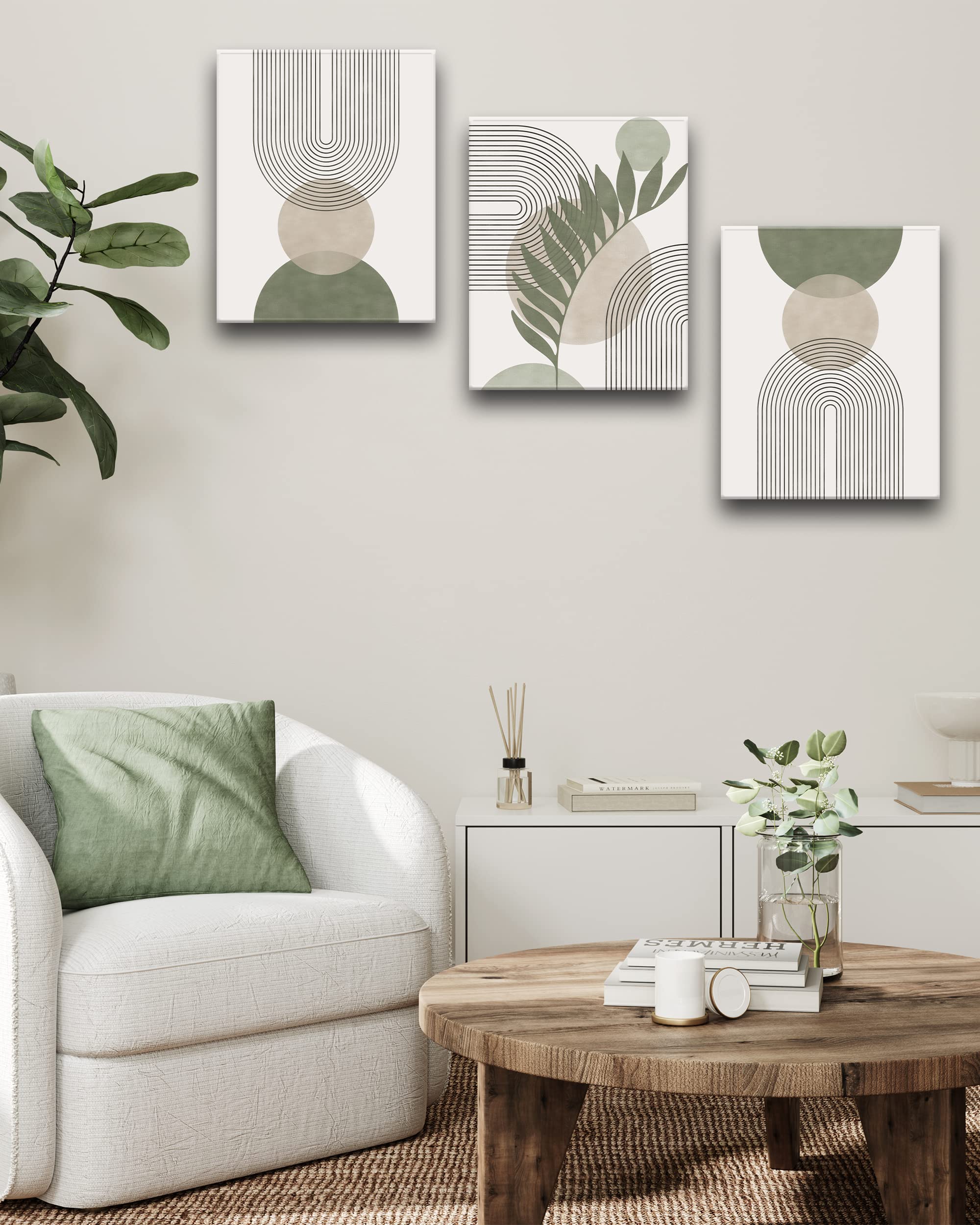 Hesendot Sage Green Boho Wall Art, 12X16In Framed Canvas Bathroom Wall Art Pictures, Mid-Century Modern Wood Framed Abstract Pri