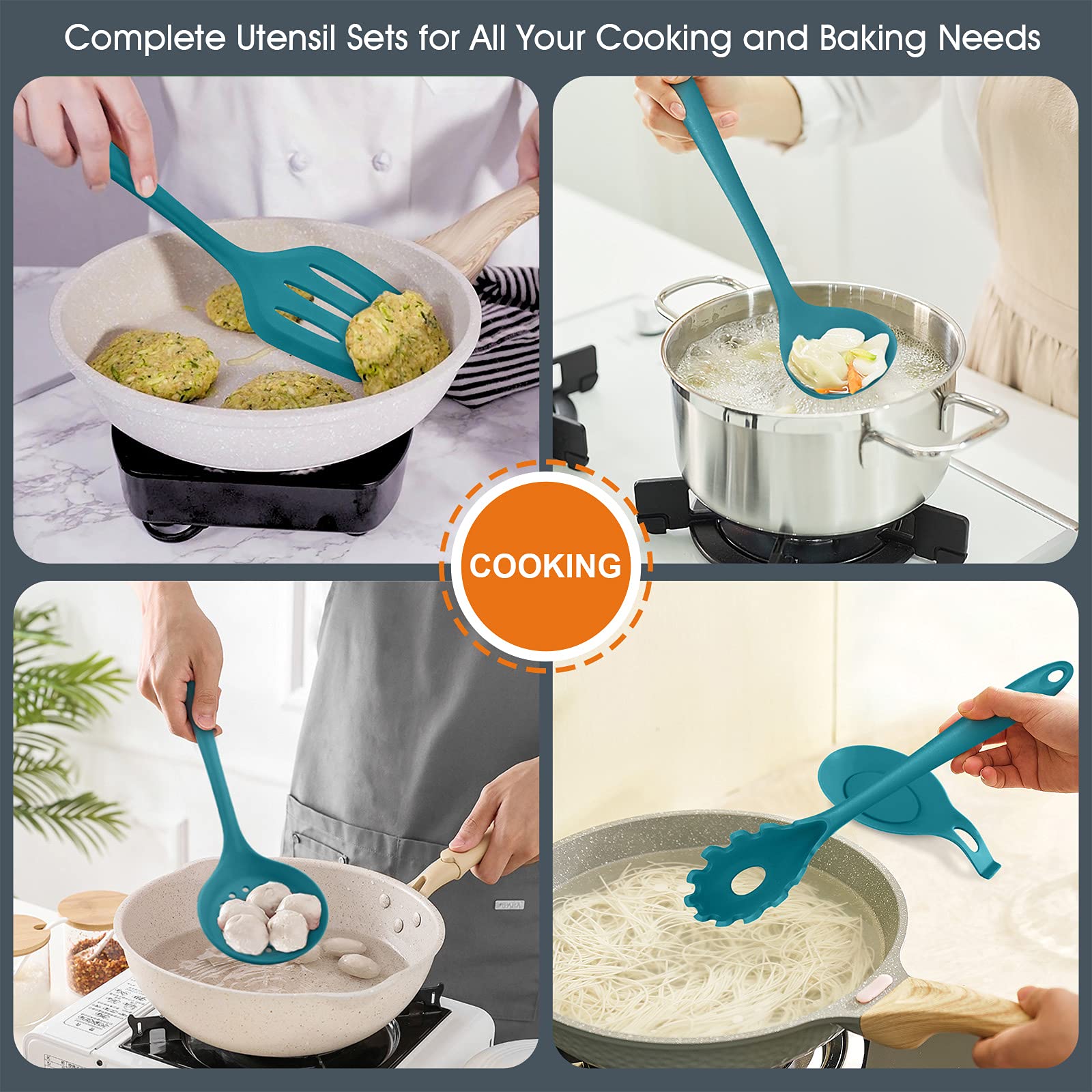 Teal Blue Kitchen Utensils Set, E-Far 15-Piece Silicone Cooking Utensils With Holder, Non-Stick Cookware Friendly & Heat Resista