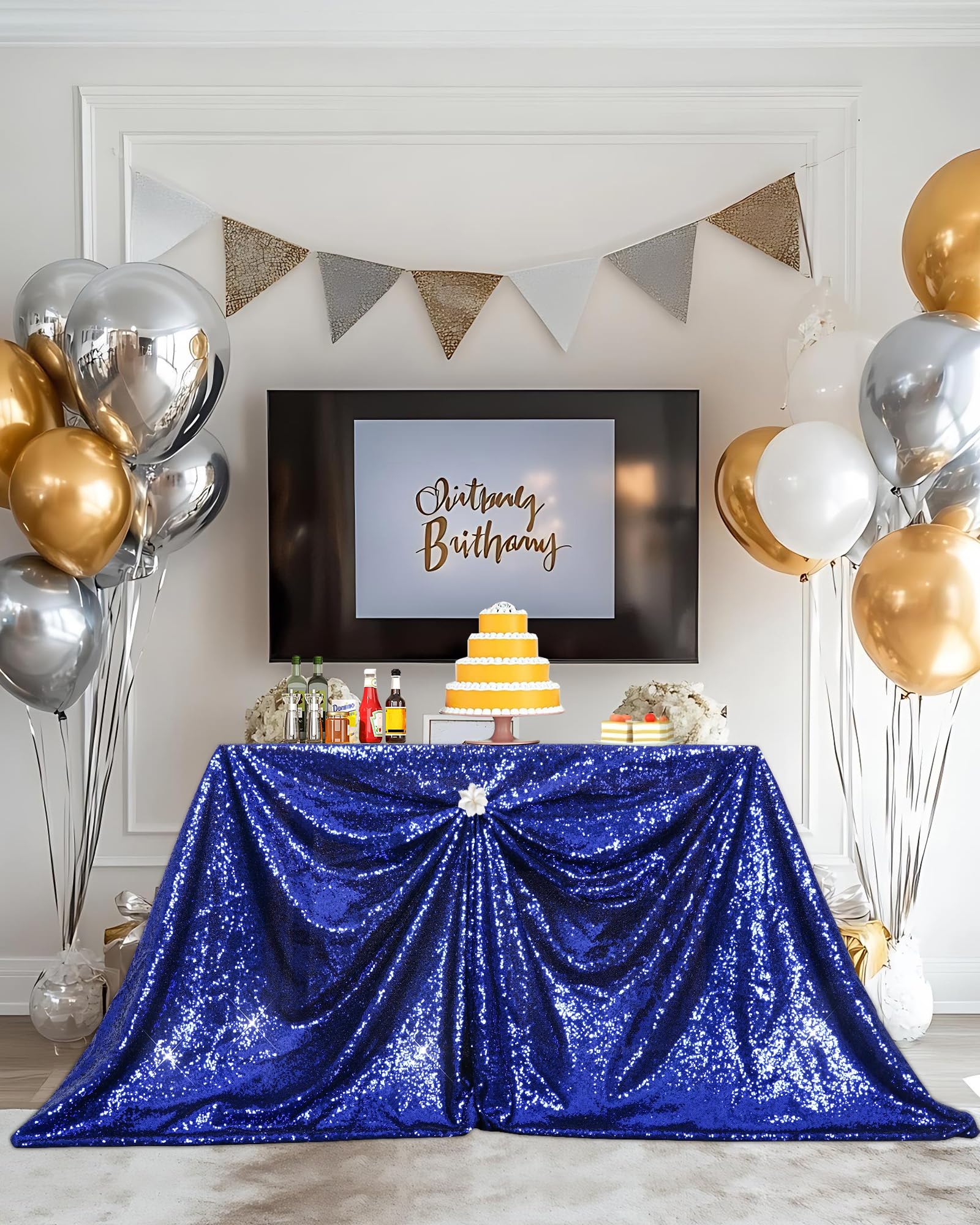 PartyDelight Sequin Tablecloth 50x80Inch Navy Blue Rectangle Table Cloth Glitter for Party Baby Shower Christmas Decorations