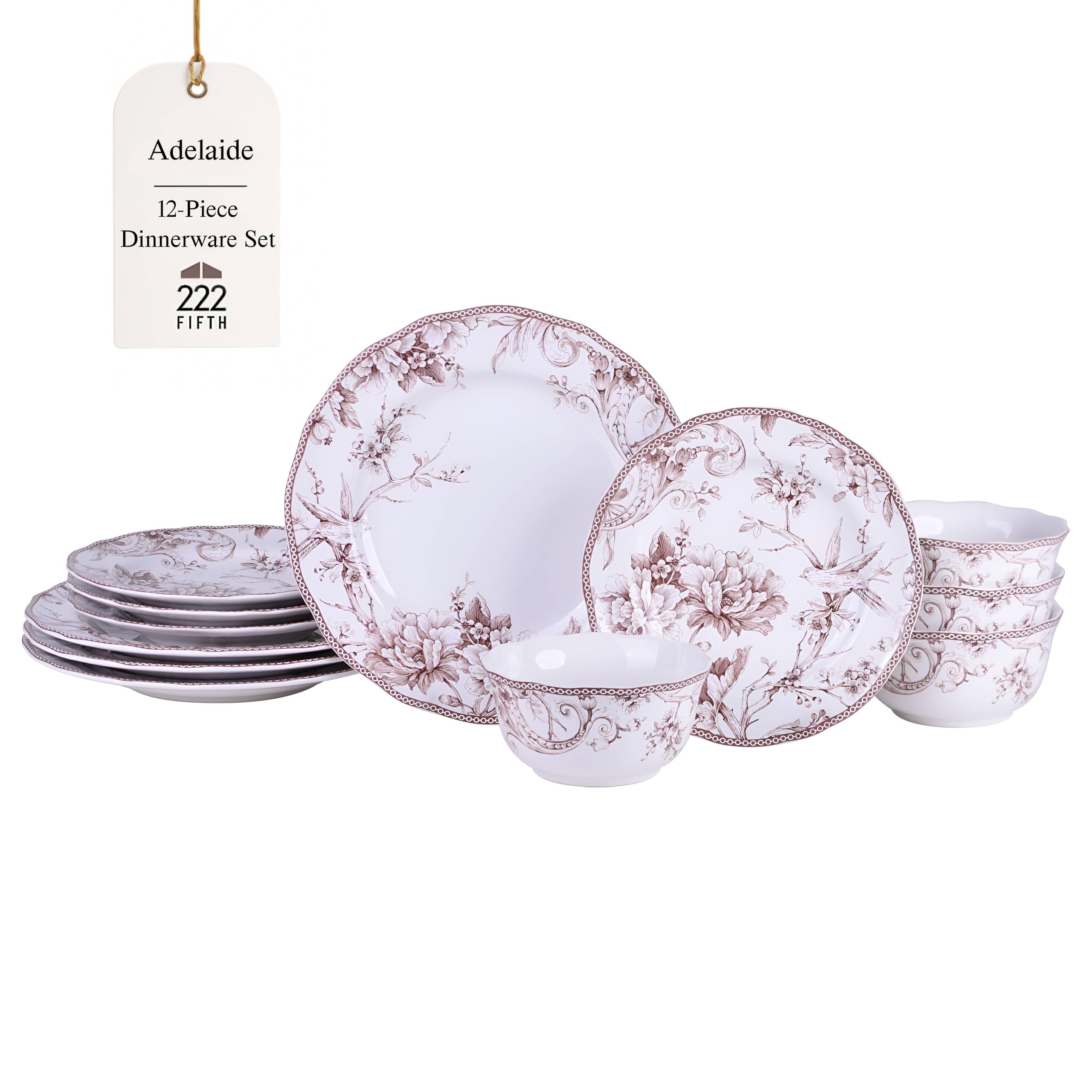 222 Fifth Adelaide Brown on White 12-Piece Dinnerware Set - Service for 4, Big Dinner Plates and Bowls Sets,Durable Porcelain, M
