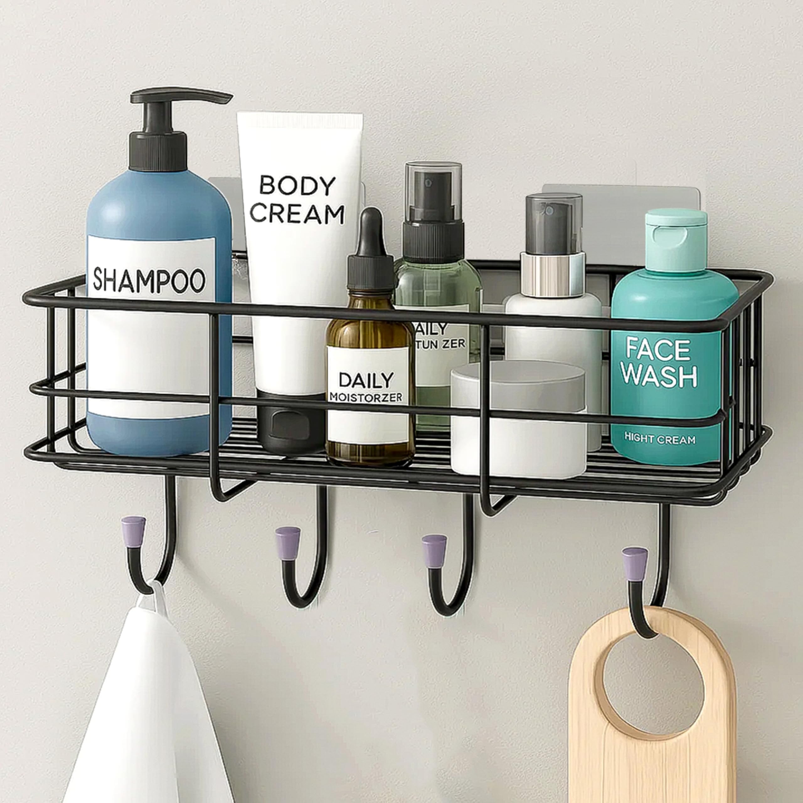 Plantex Self Adhesive Bathroom Shelf/Gi Steel Bathroom Shelf With Hook And Napkin Holder/Bathroom Organizer Without Drill/3 In 1