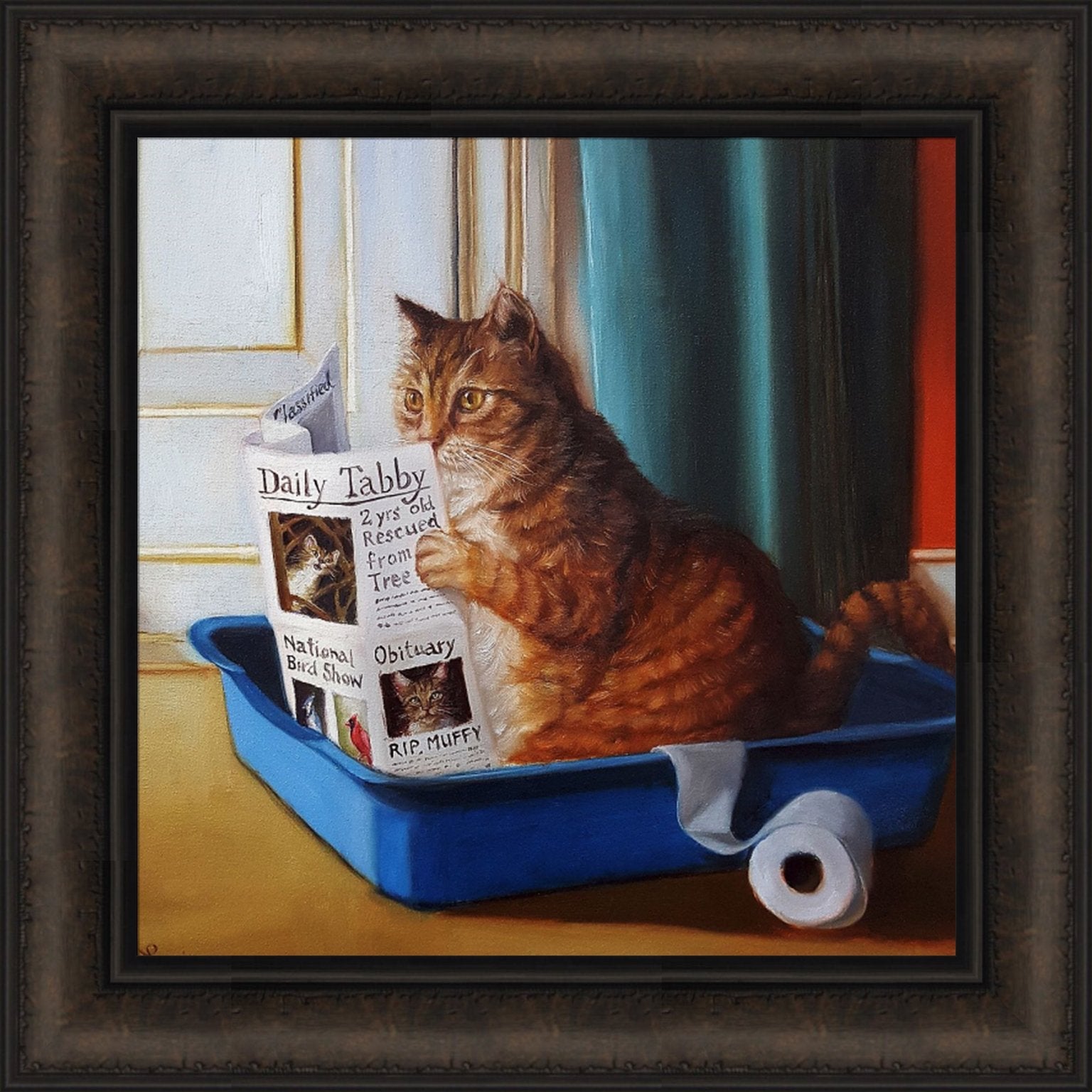 Home Cabin D  Cor Kitty Throne By Lucia Heffernan 18X18 Cat Toilet Litter Box Bathroom Reading Newspaper Paper Funny Humorous Pe