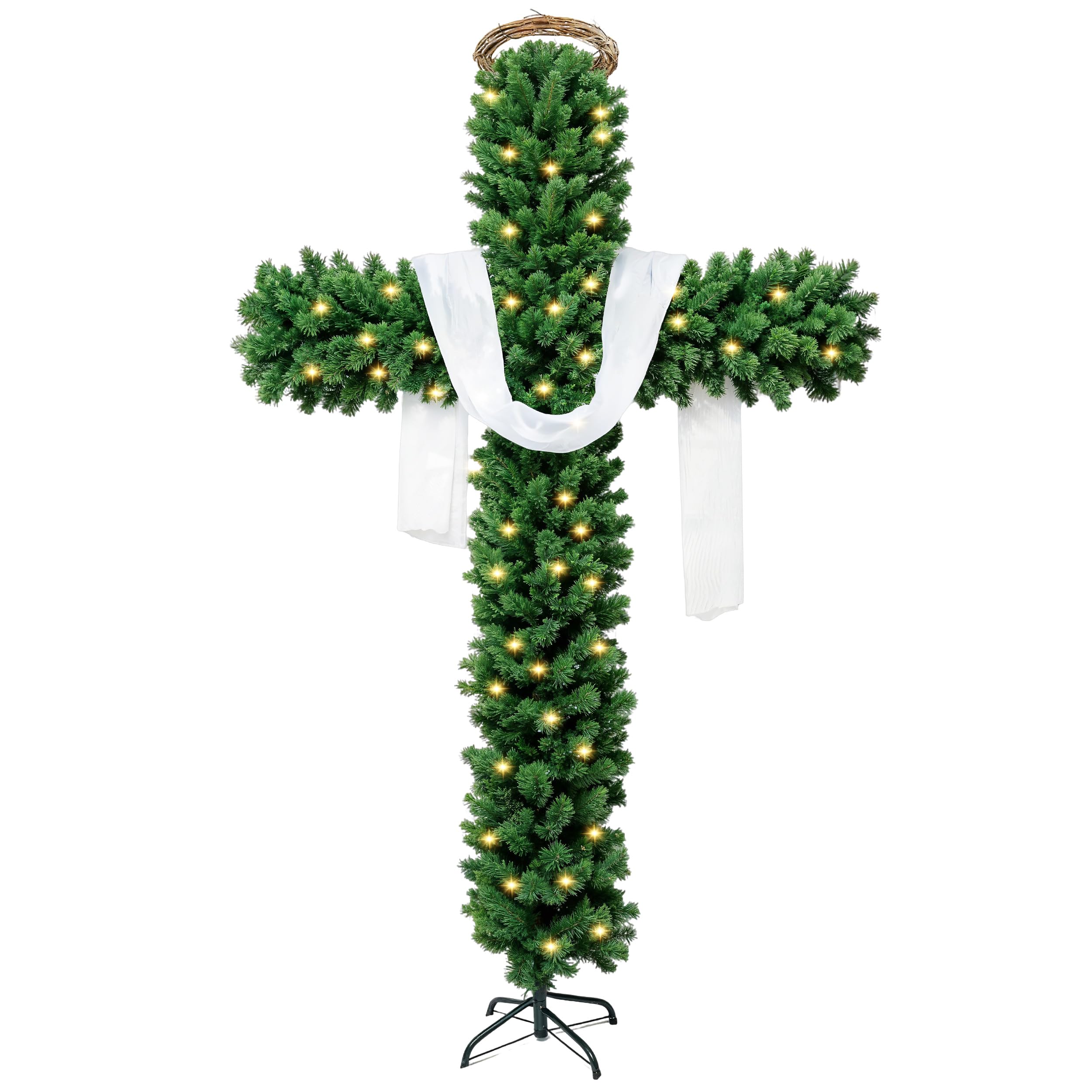 6ft Skinny Cross Christmas Tree with 33ft Plug-in String Lights(100 Bulbs) & White Silk Scarf & Crown of Thorns, Jesus Christ Ca