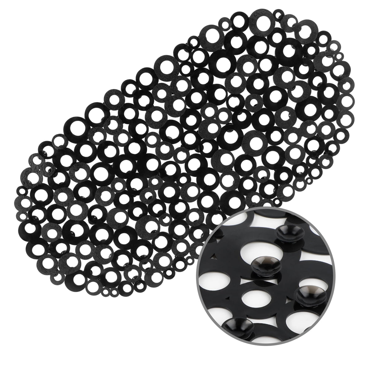 Weltrxe Oval Bathtub Mat Non Slip, Black Bubbles Bath Mats For Tub, Shower Mat With Drain Holes, Suction Cups, Machine Washable