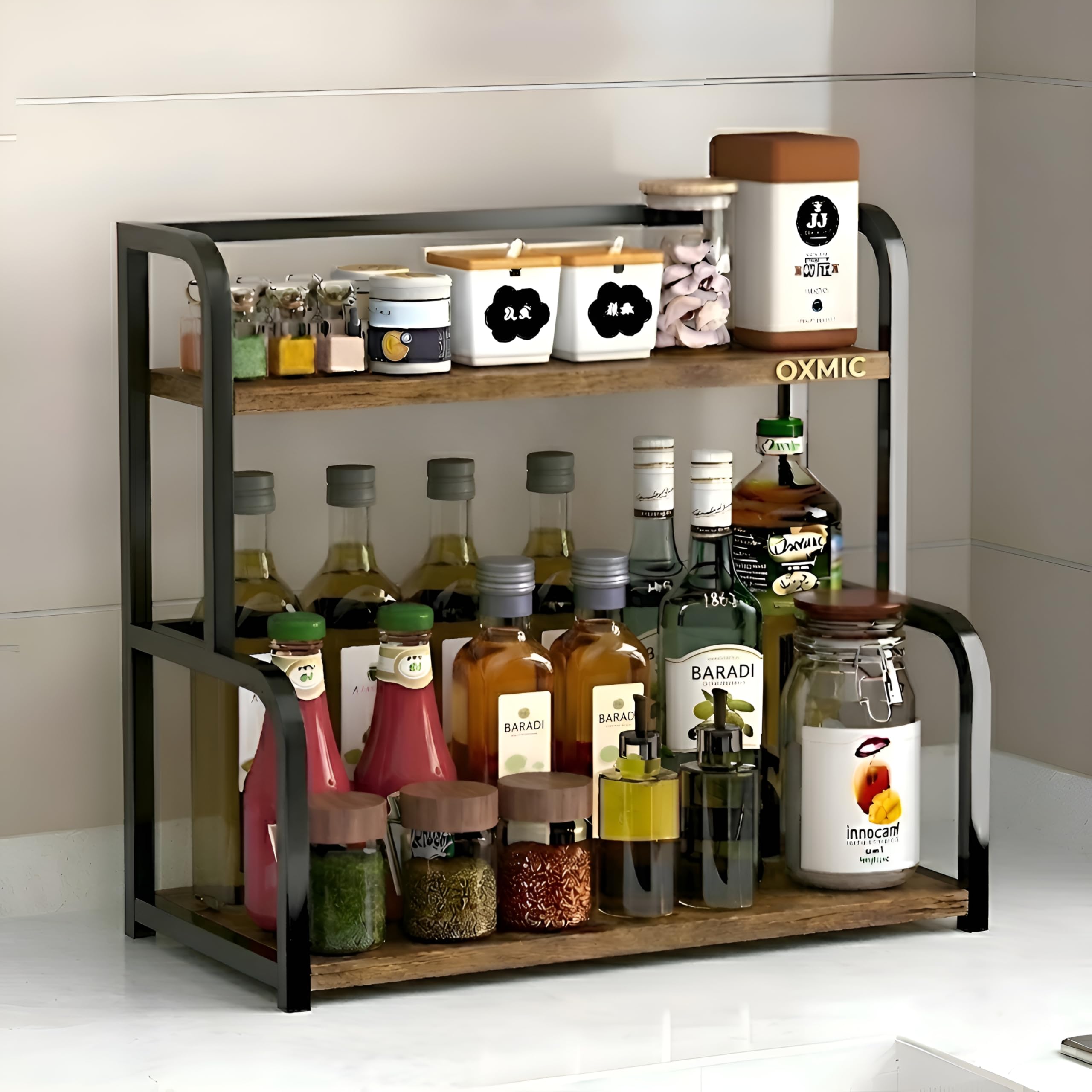 Oxmic 2Tier Spice Rack, Countertop Kitchen Organiser, Kitchen Organizer Rack, Kitchen Storage Rustic Wood And Metal, 40X20.2X41