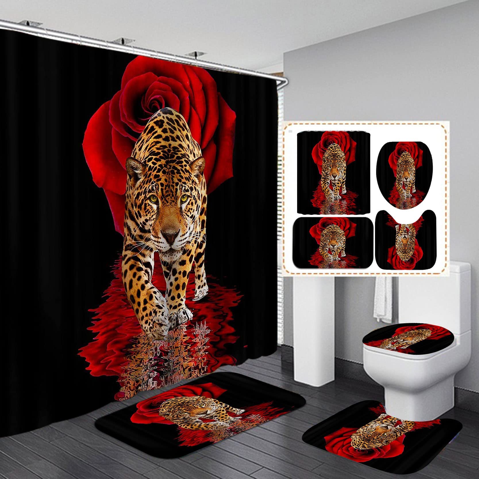 Jieprom 4Pcs Red Rose And Leopard Shower Curtain Set With Non-Slip Rugs, Toilet Lid Cover And Bath Mat, Animal Shower Curtain Wi