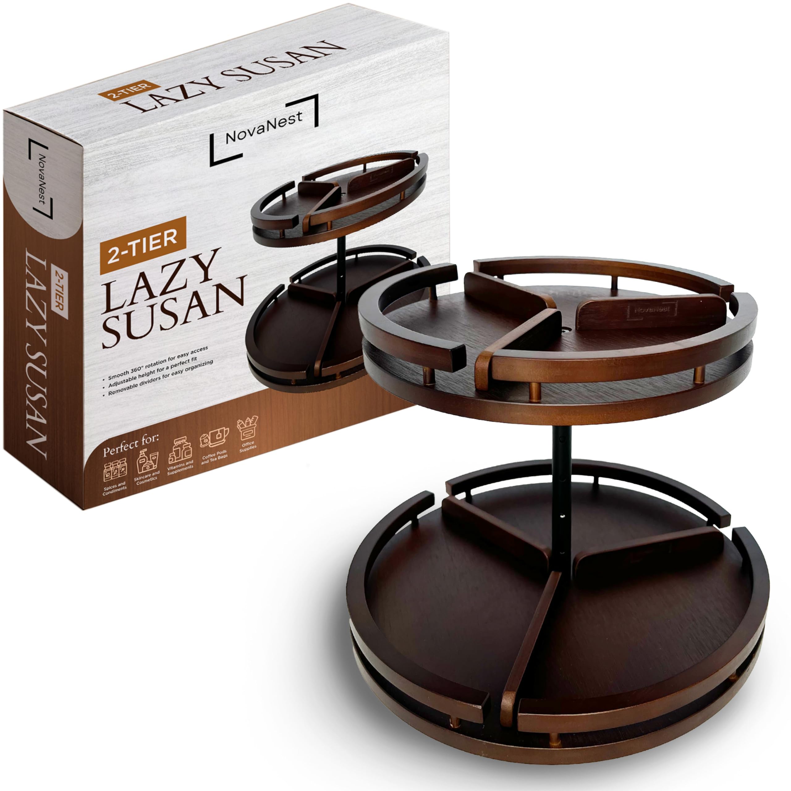 2 Tier Lazy Susan Organizer  12 Bamboo Rotating Spice Rack Organizers with Adjustable Height Turntable for Cabinet, Pantry, Me