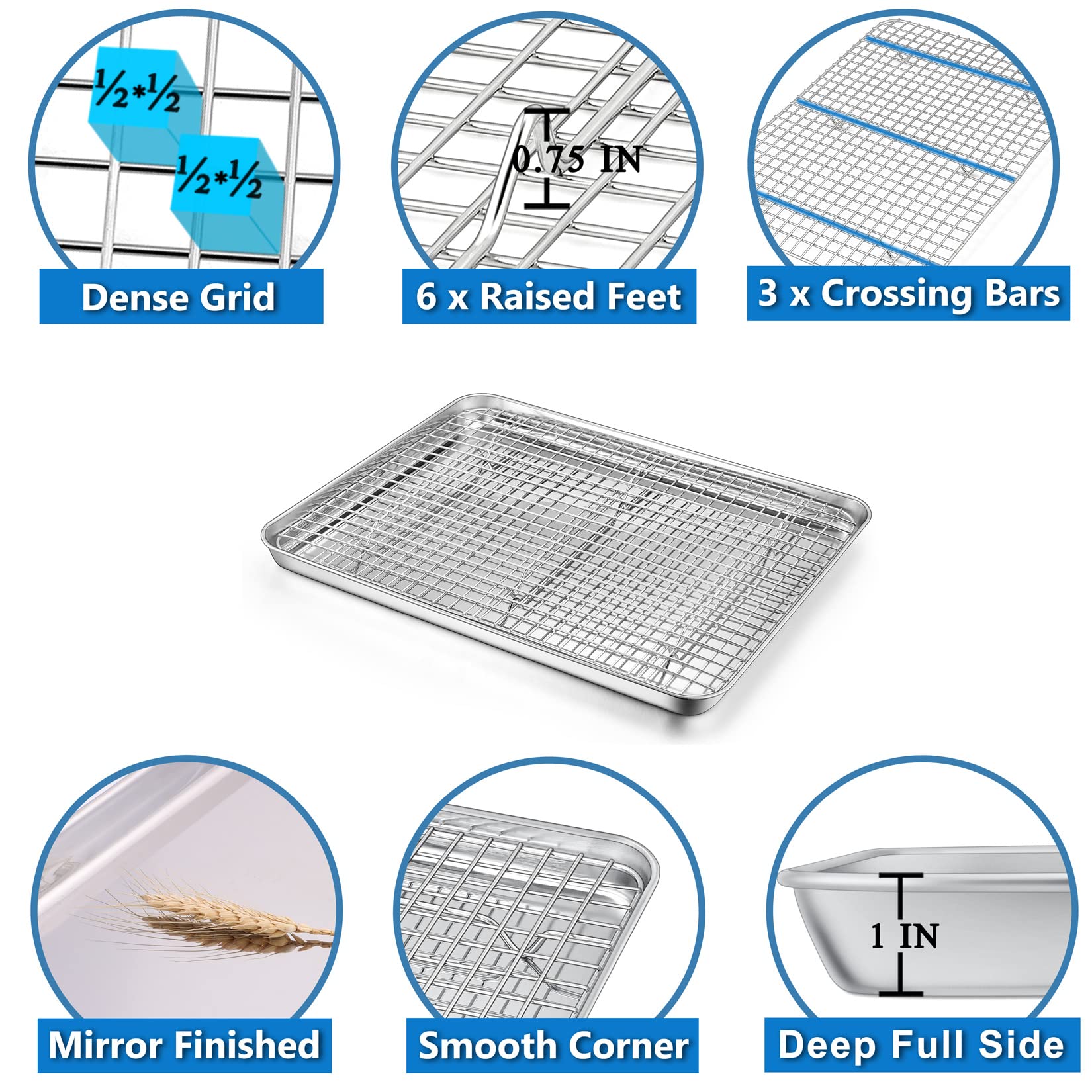 16 Inch Stainless Steel Baking Sheet With Grid Rack And Silicone Baking Mat Set, P&P Chef Baking Pan Tray With Cooling Rack, 3 P