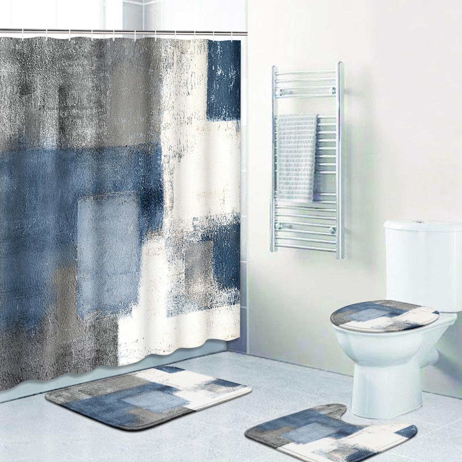 ArtSocket 4 Pcs Shower Curtain Set Blue Grey Abstract Painting Gray Vintage Retro with Non-Slip Rugs Toilet Lid Cover and Bath Mat Bathroom Decor Set 72'' x 72''