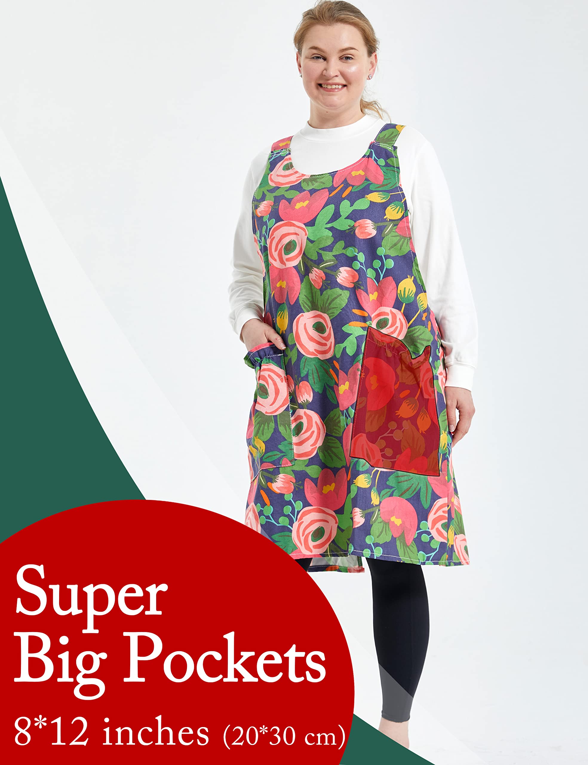 APRONNER Cross Back Plus Size Linen Aprons for Women with Pockets Blend Dress for Baking Cooking Gardening Works Red Tulips