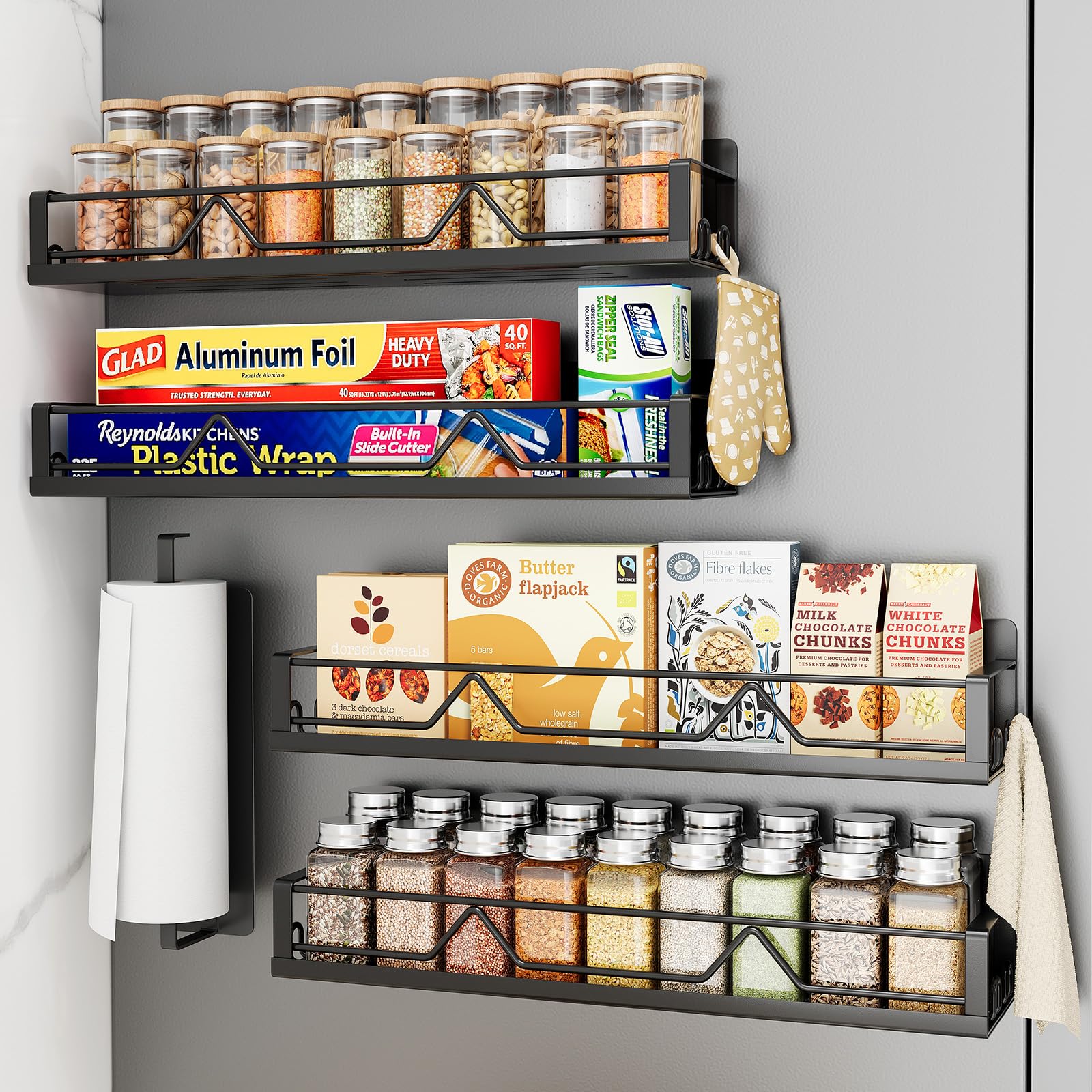 Mystozer 16.9 Inch Wide Large Capacity Magnetic Spice Rack for Refrigerator,5 Pack Metal Fridge Shelf Magnetic Spice Rack Kitche