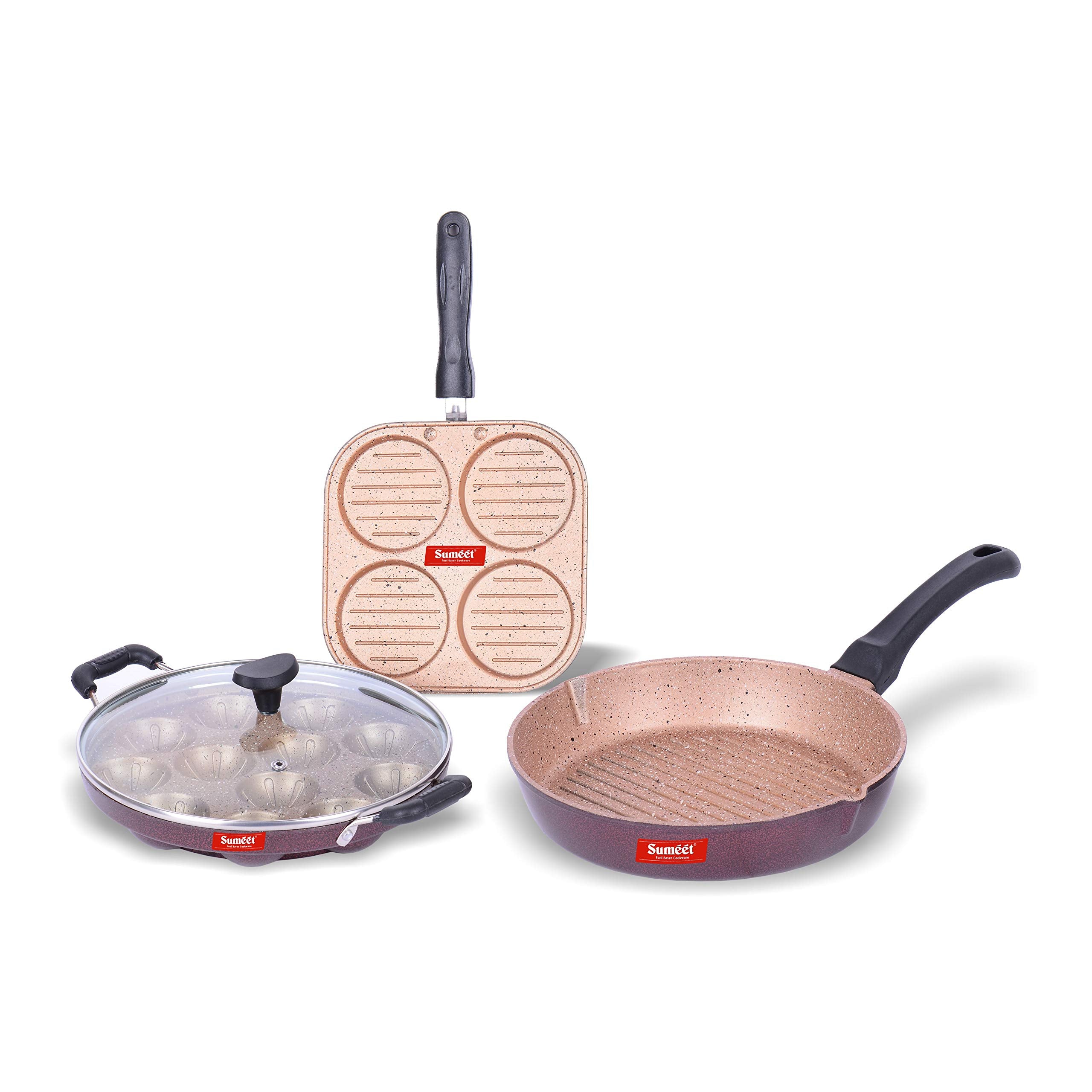 Sumeet Nonstick Granite Finish Grim 3Pc Kitchen Set (Mini Multi Snack Maker  4 Cavity  19.5Cm Dia + Grill Appam Patra With Gla