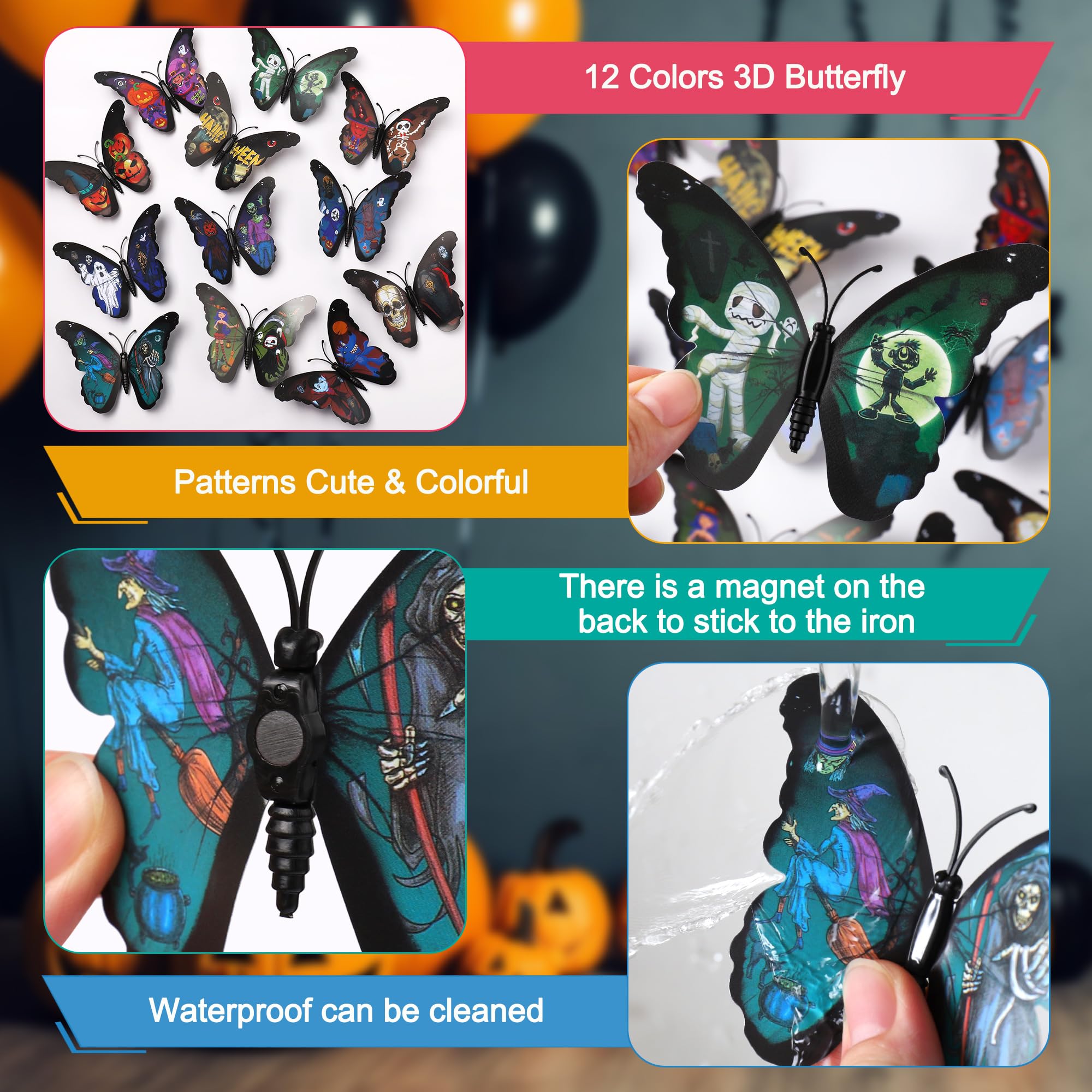 LiveGallery 72 PCS 6 Colors Removable 3D DIY Beautiful Butterfly Wall Decals Colorful Scary Pumpkin Spooky Witch Butterflies Art Decor Wall Stickers Murals for Kids Baby Boy Girls Bedroom Classroom Offices halloween Party Decoration(Pumpkins)