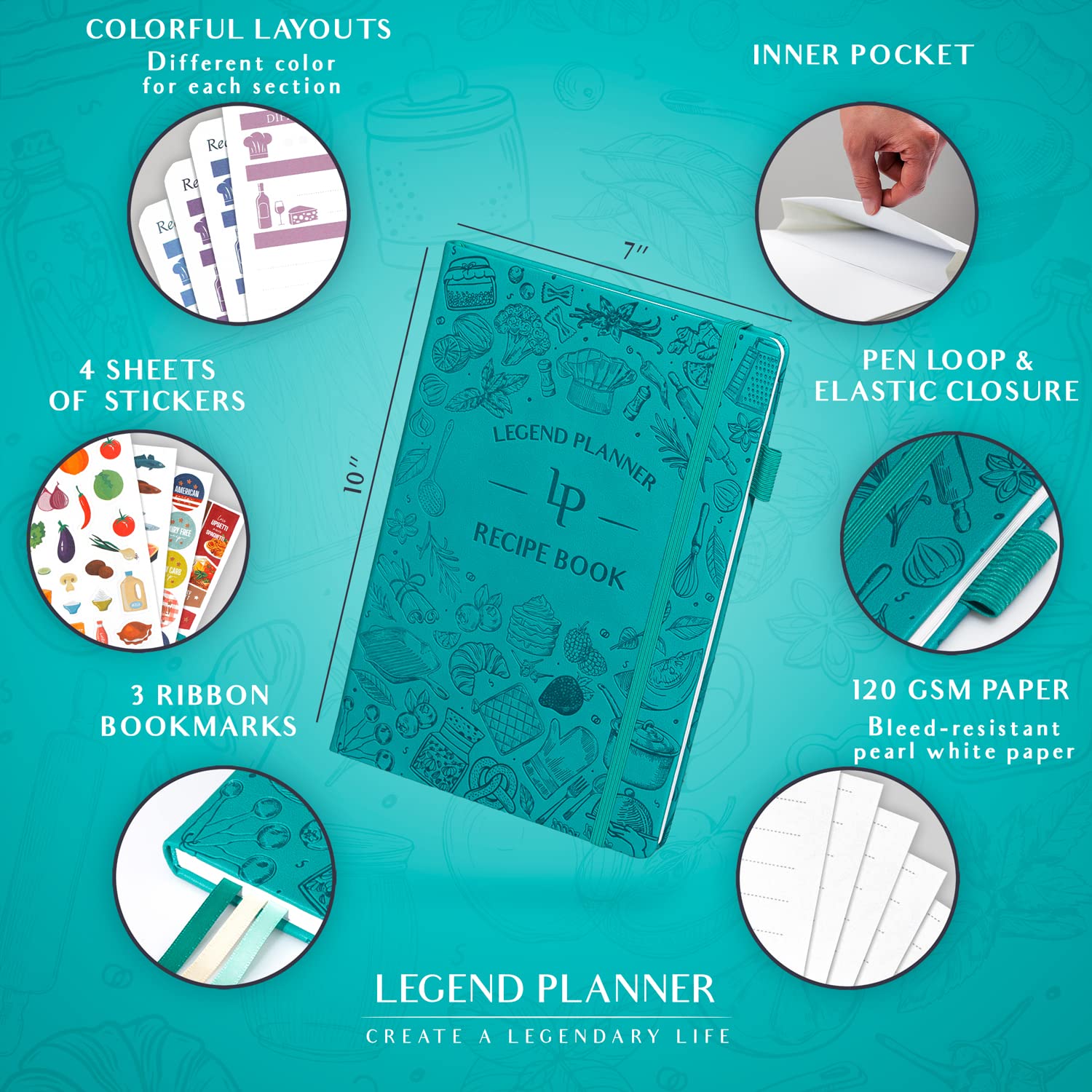 Legend Recipe Book - Blank Family Cookbook to Write In Your Own Recipes - Empty Cooking Journal - Personalized Cooking Notebook  Hardcover  Large 7