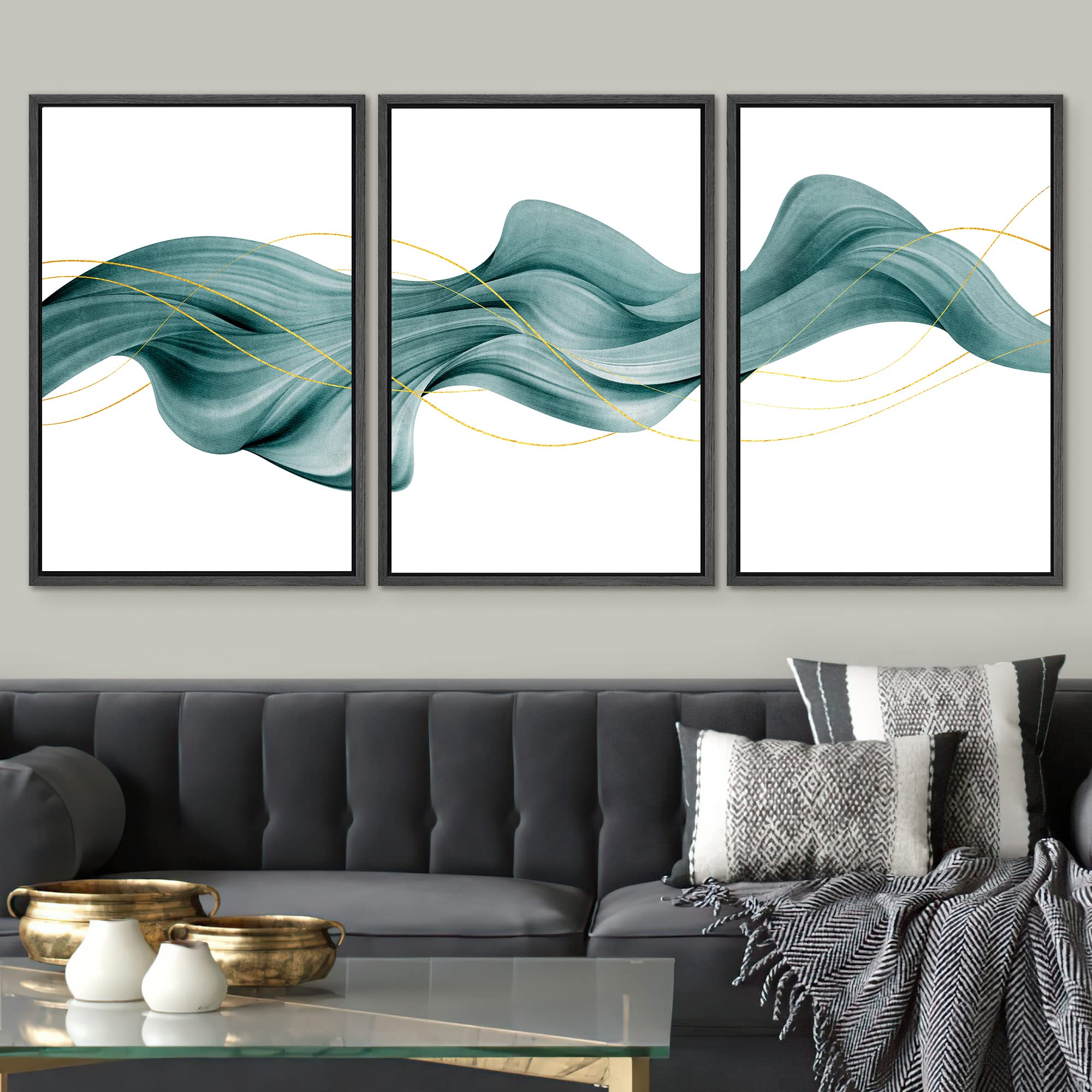 Signwin Framed Canvas Print Wall Art Set Futuristic Teal Geometric Smoke Wave Abstract Shapes Illustrations Modern Art Decorativ