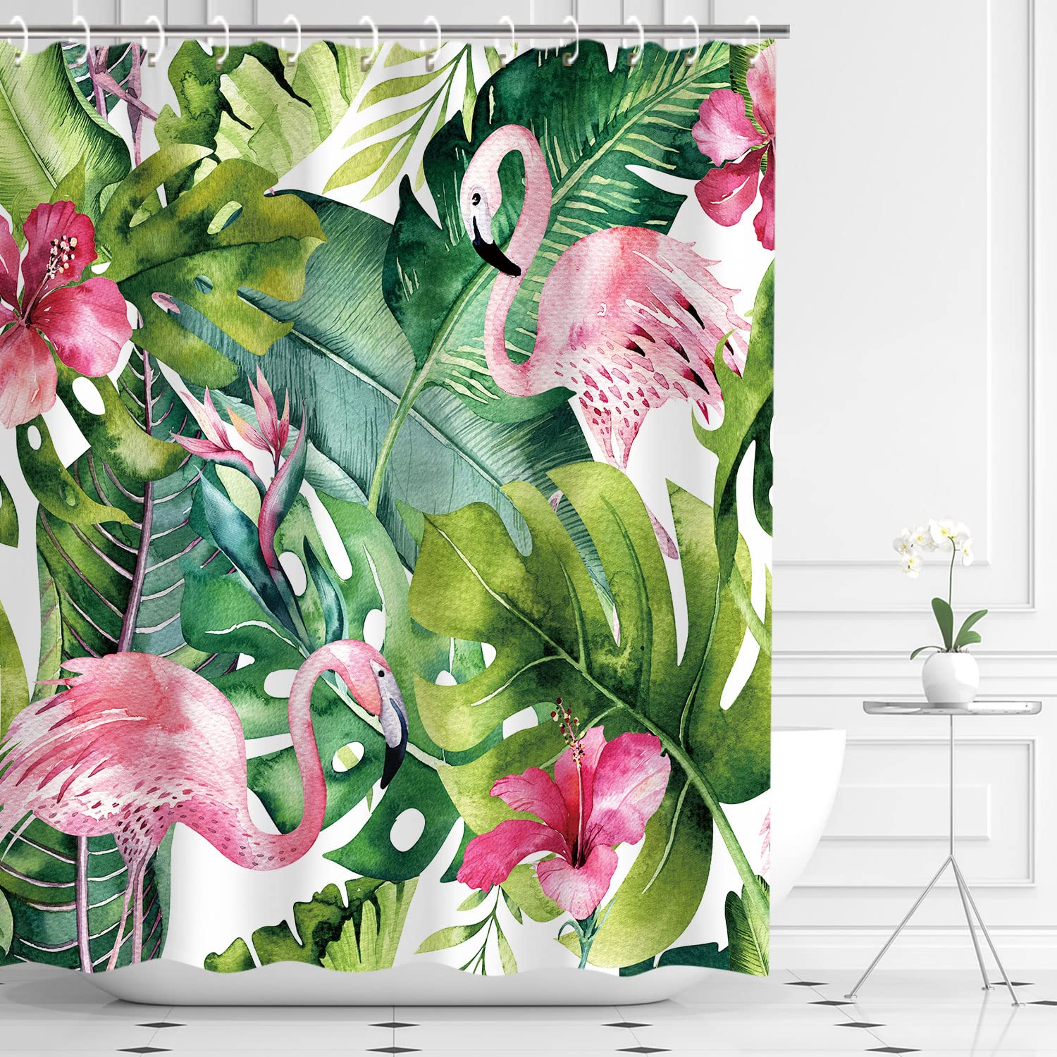 Livilan Tropical Shower Curtain, Green Shower Curtain, Flamingo Shower Curtains For Bathroom, Botanical Shower Curtain Set With
