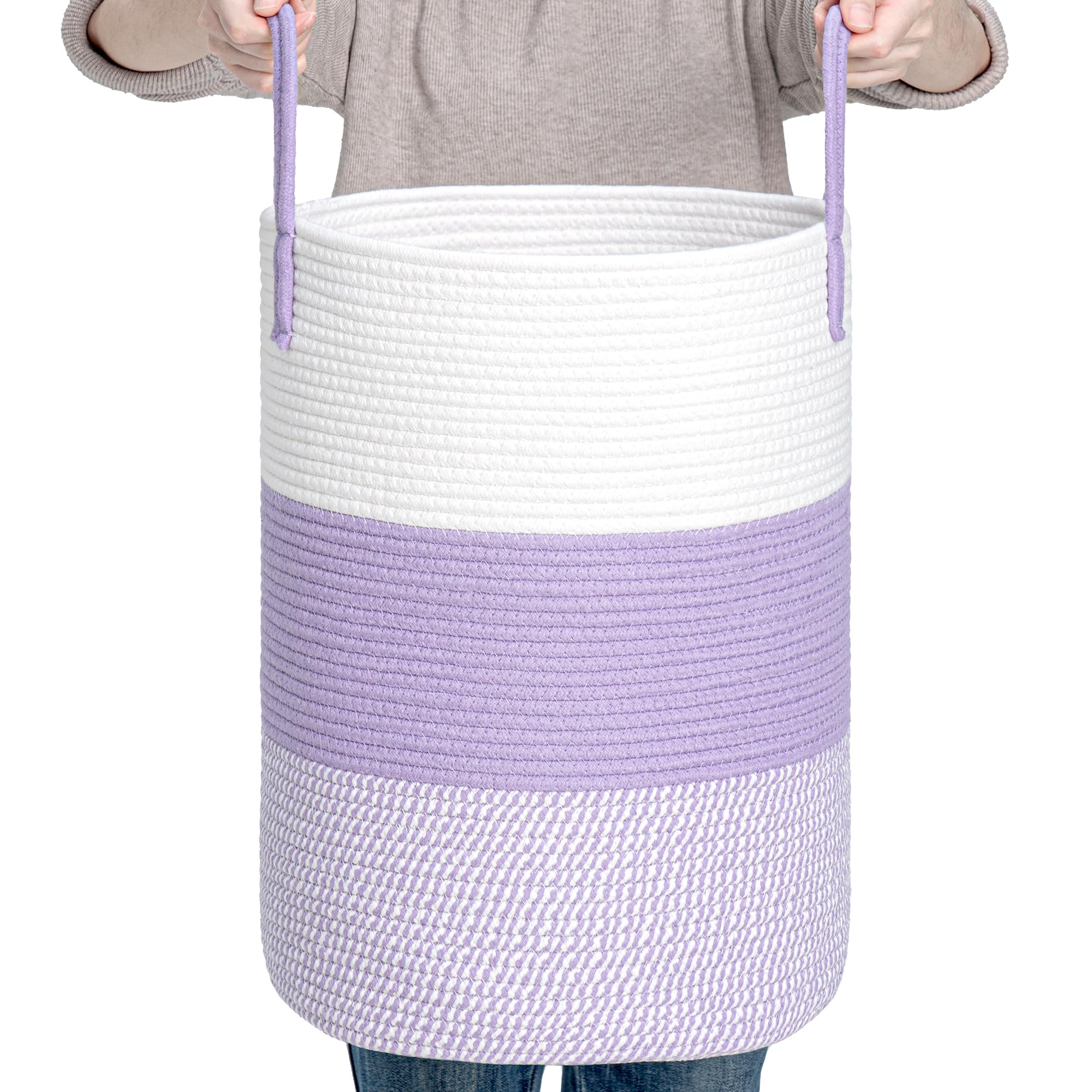 Clhmily&Z 40L Laundry Basket Round Storage Rope Basket - 13X18 Inches - Lavender Hamper In Bedreoom And Cute Storage Bin For Bla
