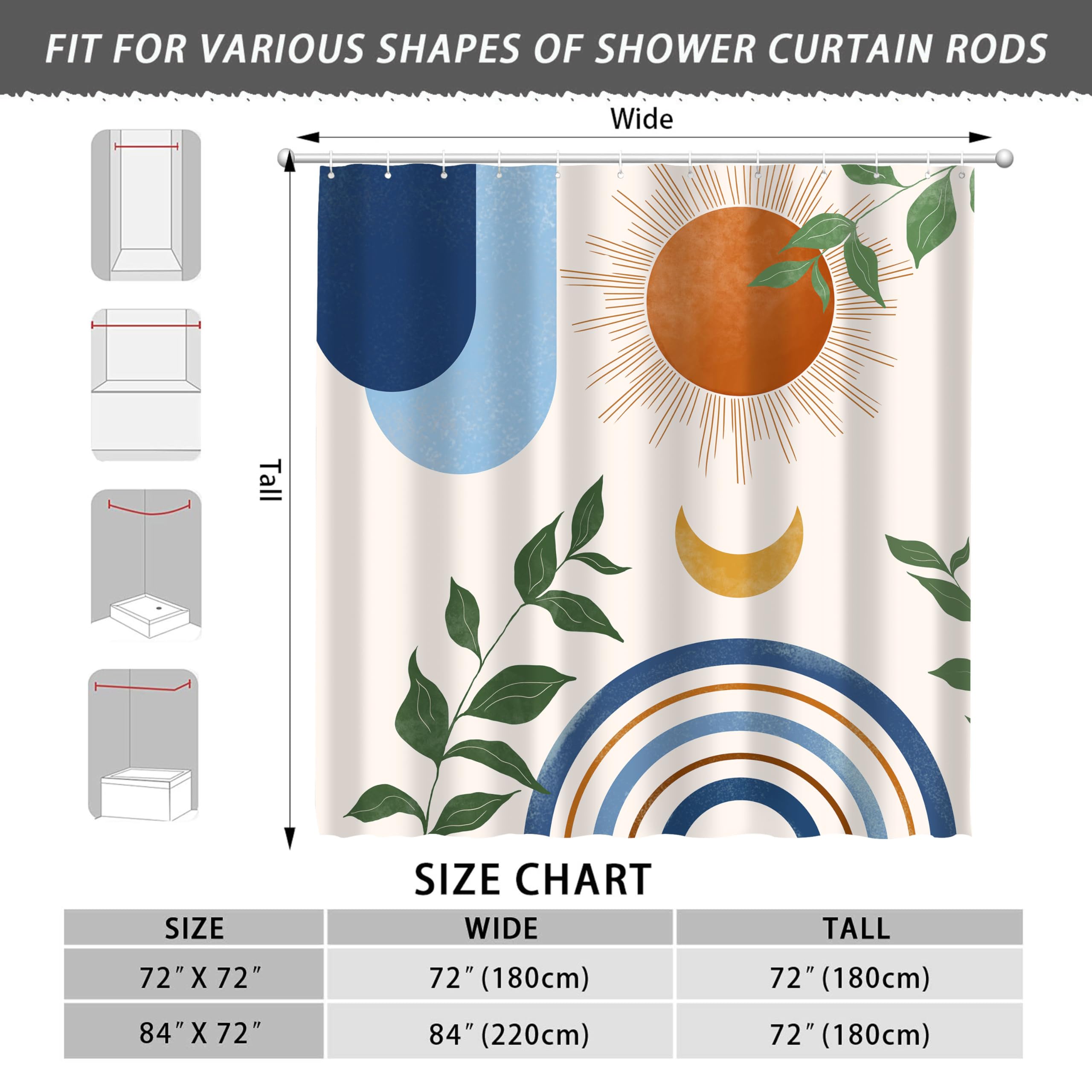 Ghroiep Mid Century Abstract Boho Aesthetic Shower Curtain Set, Blue Nature Leaf Sun Modern Minimalist Home Bathroom Curtain Dec