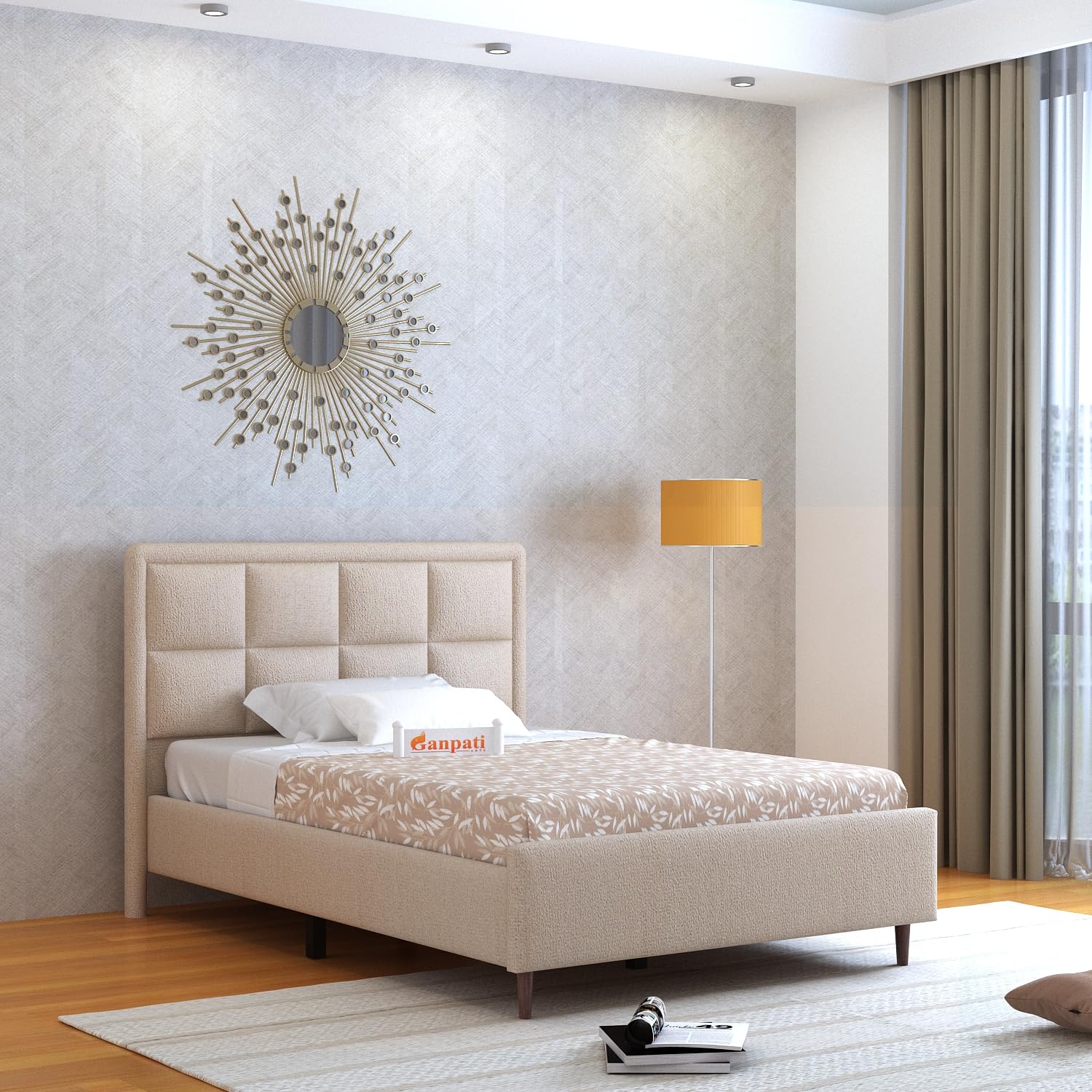 Ganpati Arts Solid Sheesham Wood Louis Upholstered Single Size Bed Without Storage | Modern Design Wooden Single Bed Cot Palang 