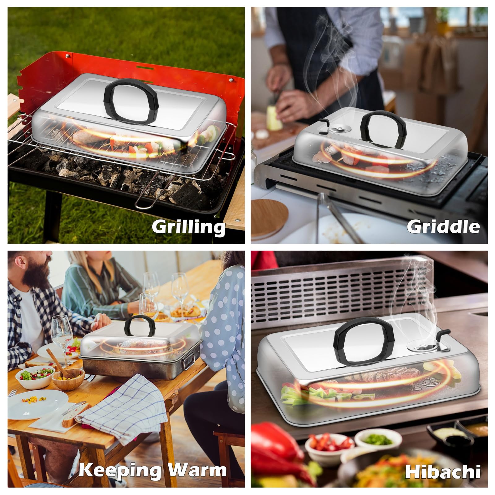Rectangular Melting Dome 2Pcs, Hasteel 13.3 X 9.8In Stainless Steel Bating Steaming Cover, Heavy Duty Solid Griddle Lid & Grill