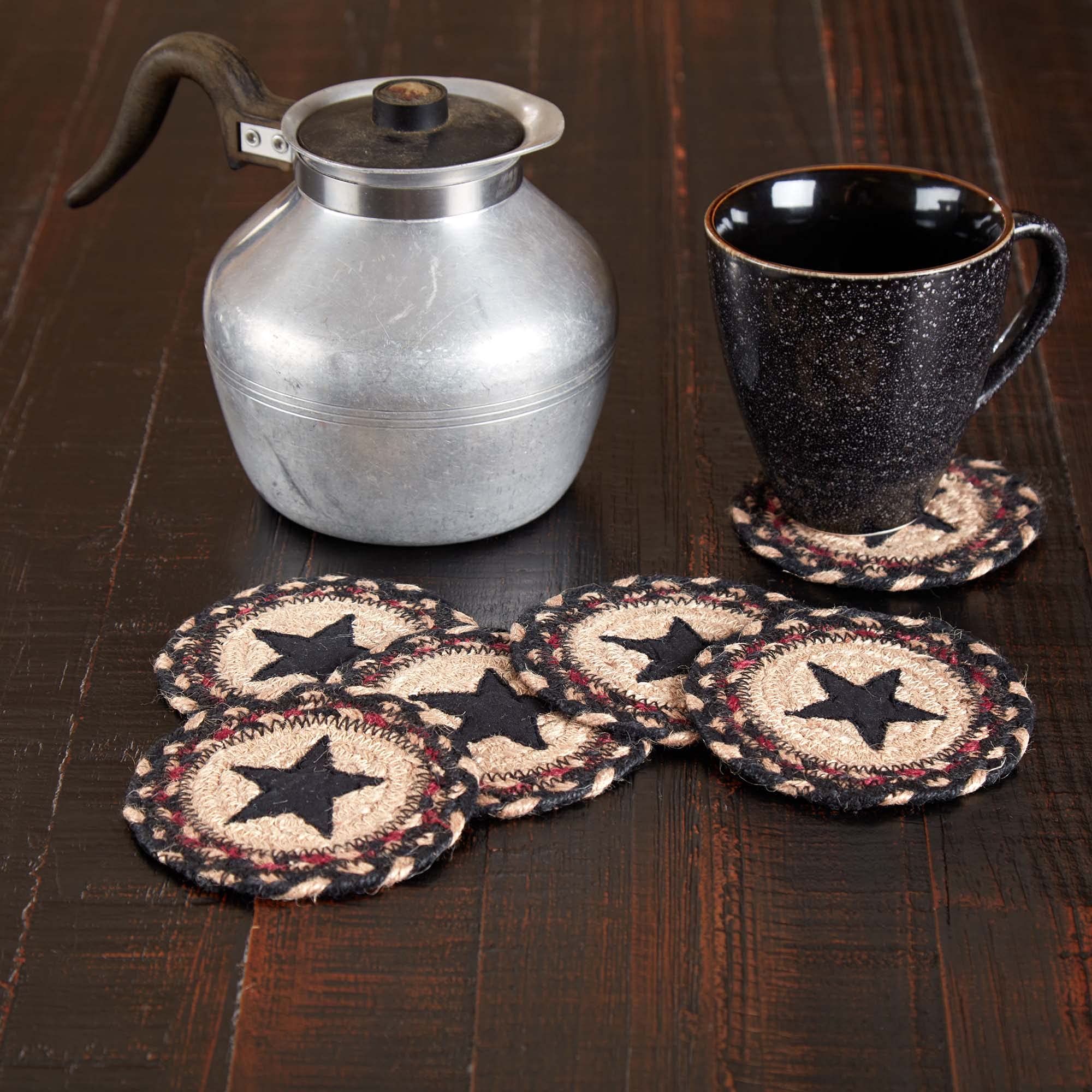 Vhc Brands Colonial Star Coasters, Tan Black Red Stars, Jute Blend, Round Circle, Set Of 6 Coasters