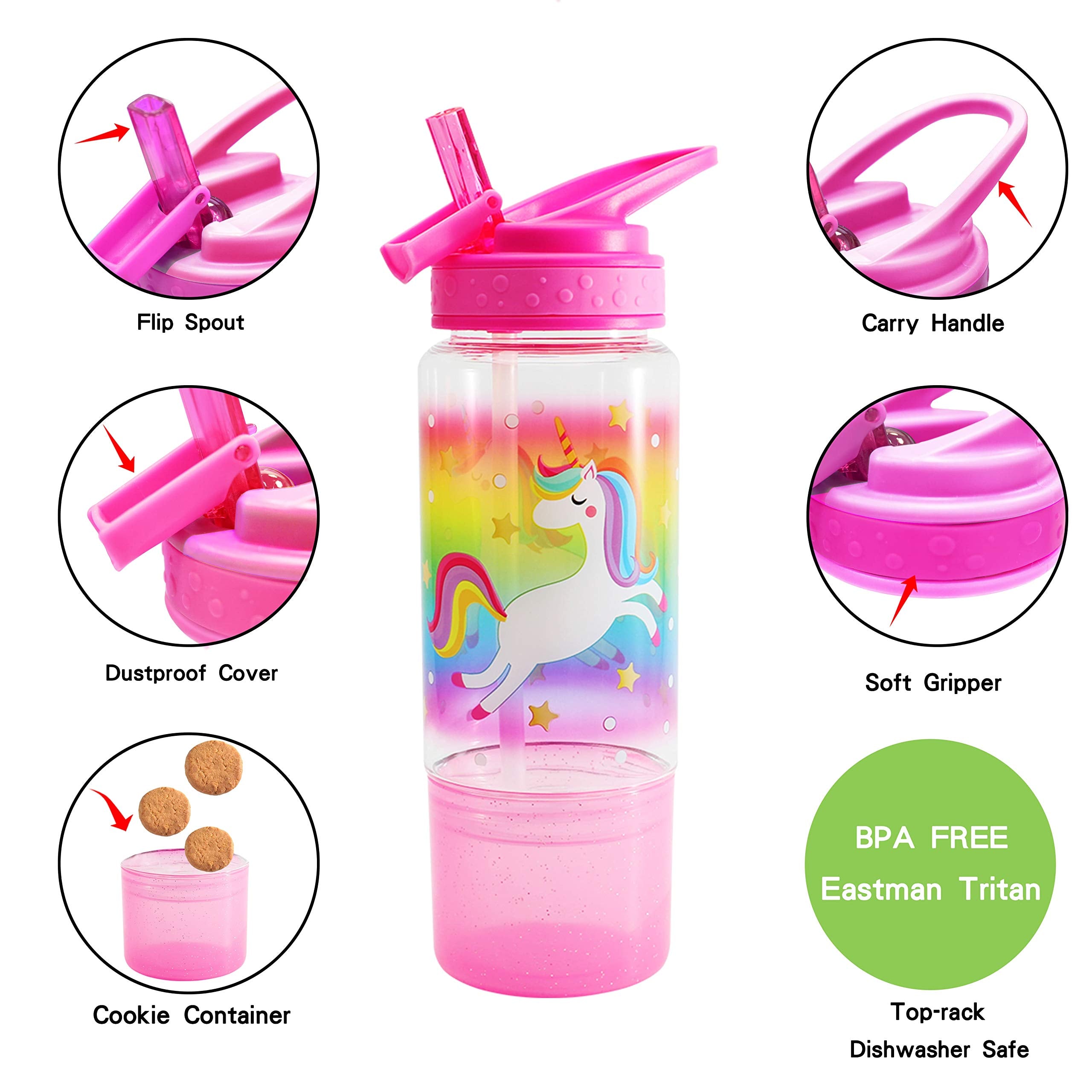 Home Tune 18Oz Kids Water Drinking Sip Bottle - Tritan Bpa Free, Flip Straw Lid, Easy Open, Lightweight, Snack Compartment, Leak