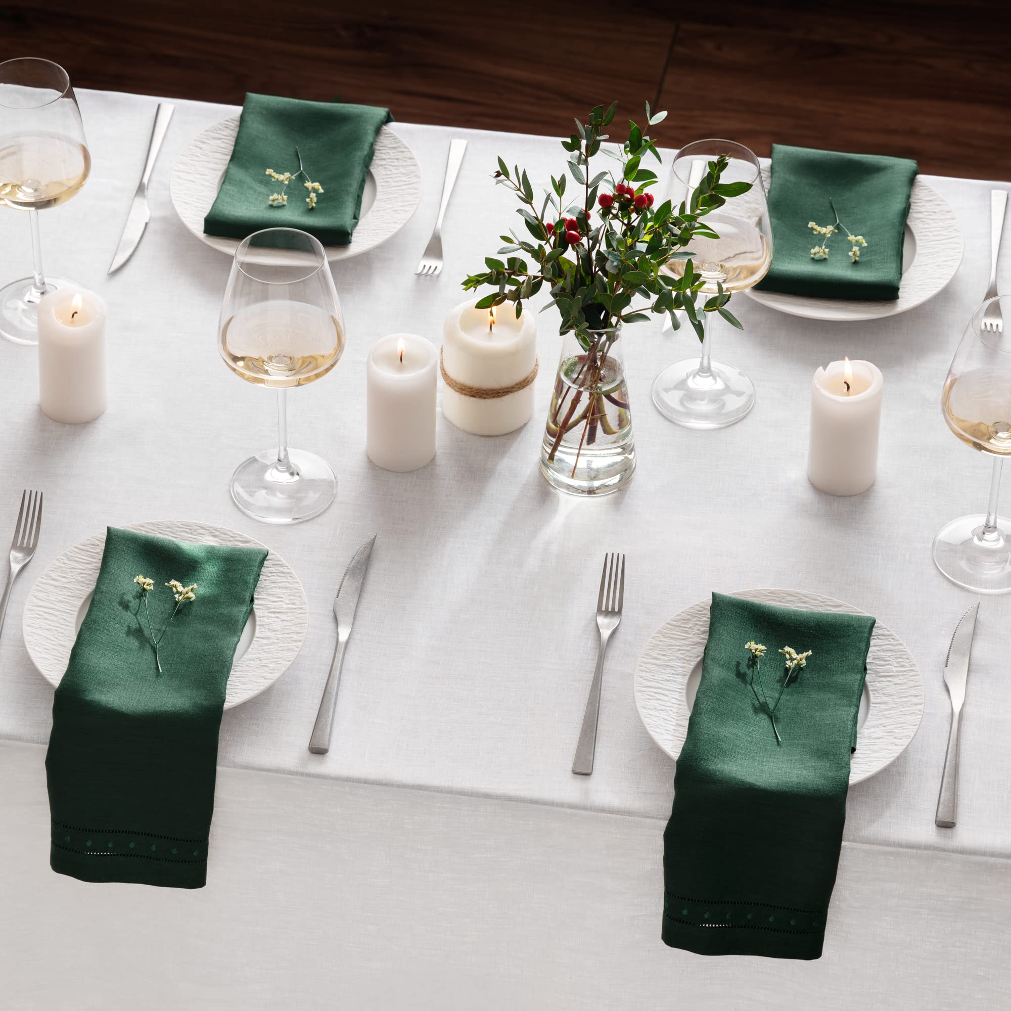 Linen Napkins Set Of 4-100% Pure Linen Forest Green Embroidered Dinner Napkins 18 X 18 Inch - Classic Hemstitch Cloth Napkins Wa