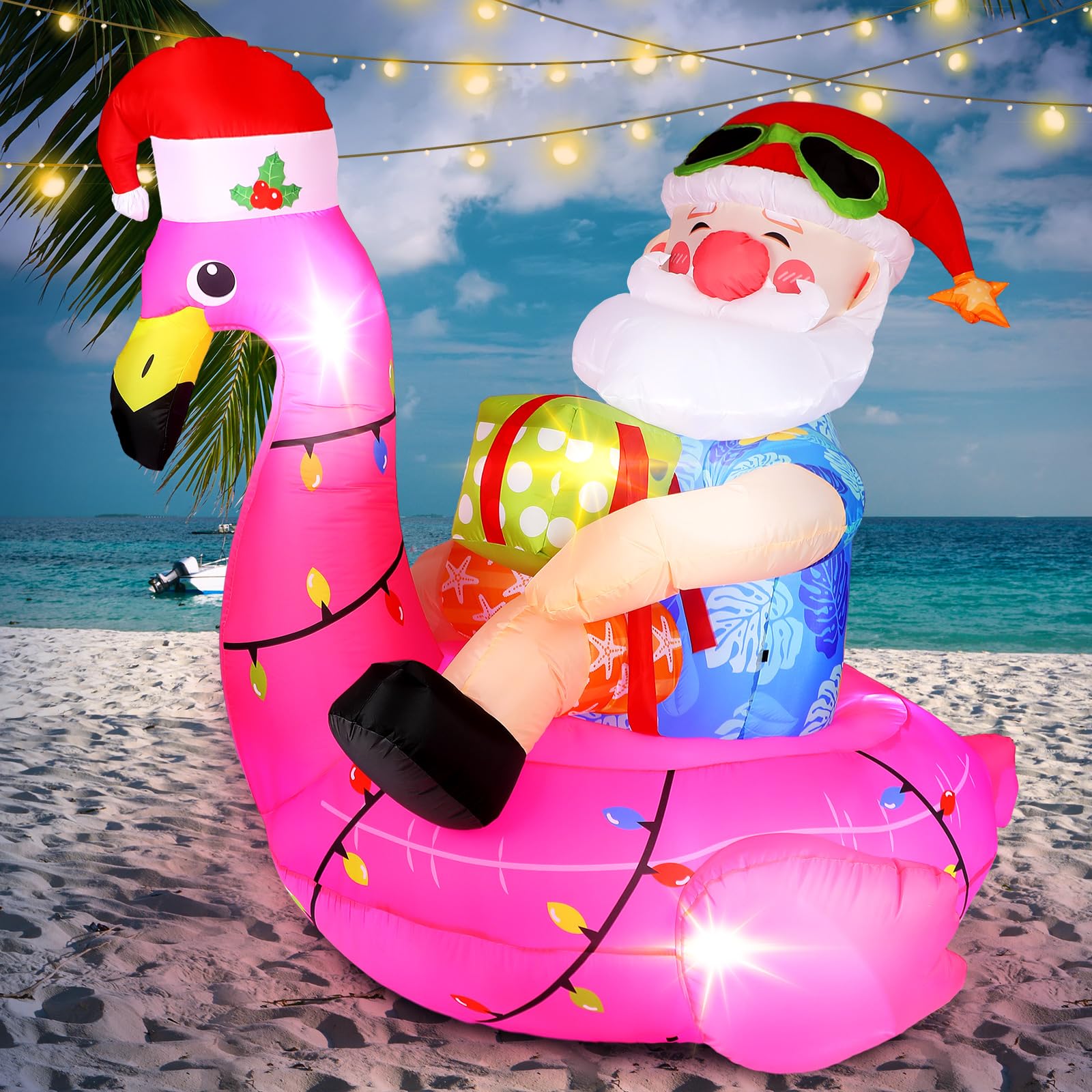 Christmas Inflatable Outdoor Yard Decoration 5ft Hawaiian Santa Claus on Flamingo Inflatable Decoration with LED Light Christmas