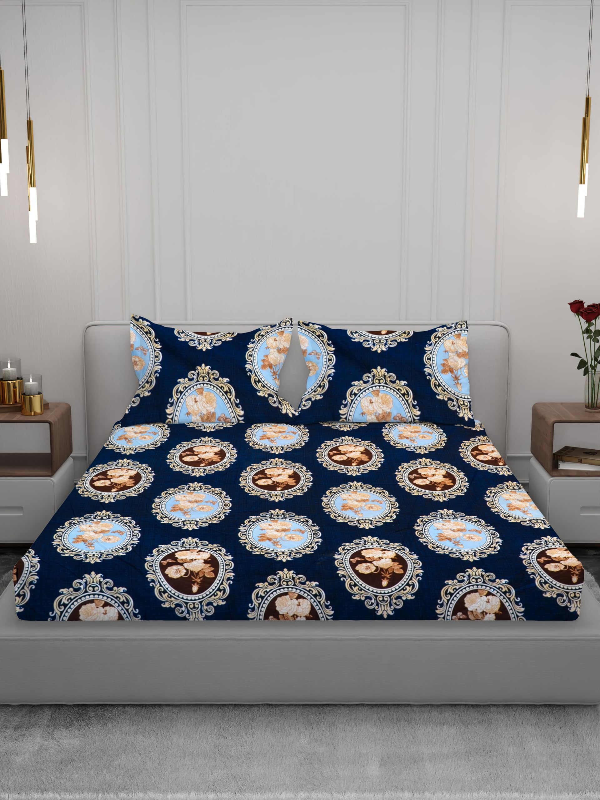 Osric Cotton Elastic Fitted Bedsheet,King Size Double Bed 90 x 100, with 2 Pillow Covers Navy Blue Medallion Print (Blue Circle 